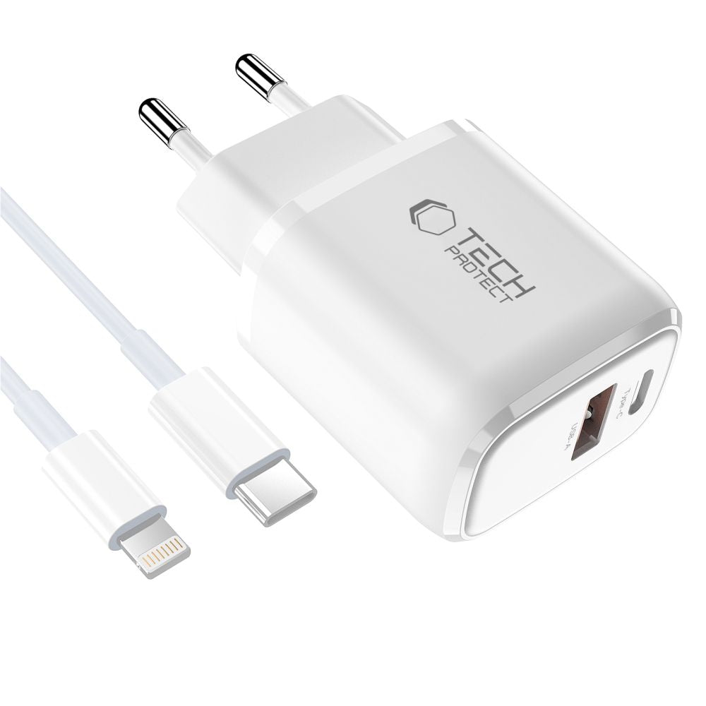 Tech-Protect NCA20 PD 20W QC3.0 USB-A / USB-C sieninis įkroviklis + USB-C / Lightning laidas 100cm - baltas -- Cell phone...