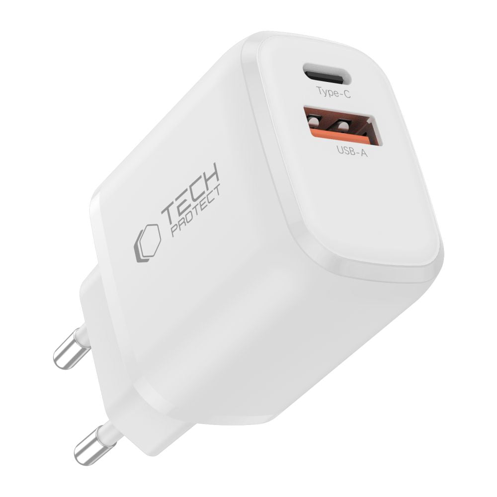 Tech-Protect NCA20 PD 20W QC3.0 USB-A / USB-C sieninis įkroviklis + USB-C / Lightning laidas 100cm - baltas -- Cell phone...