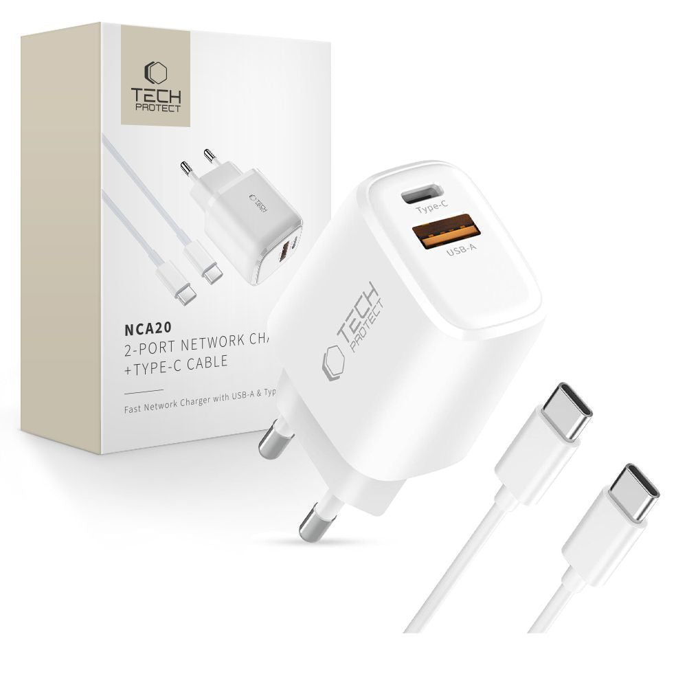 Tech-Protect NCA20 PD 20W QC3.0 USB-A / USB-C sieninis įkroviklis + USB-C / USB-C laidas 100cm - baltas -- Cell phone...