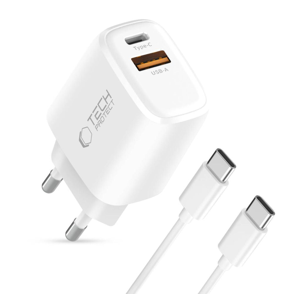Tech-Protect NCA20 PD 20W QC3.0 USB-A / USB-C sieninis įkroviklis + USB-C / USB-C laidas 100cm - baltas -- Cell phone...