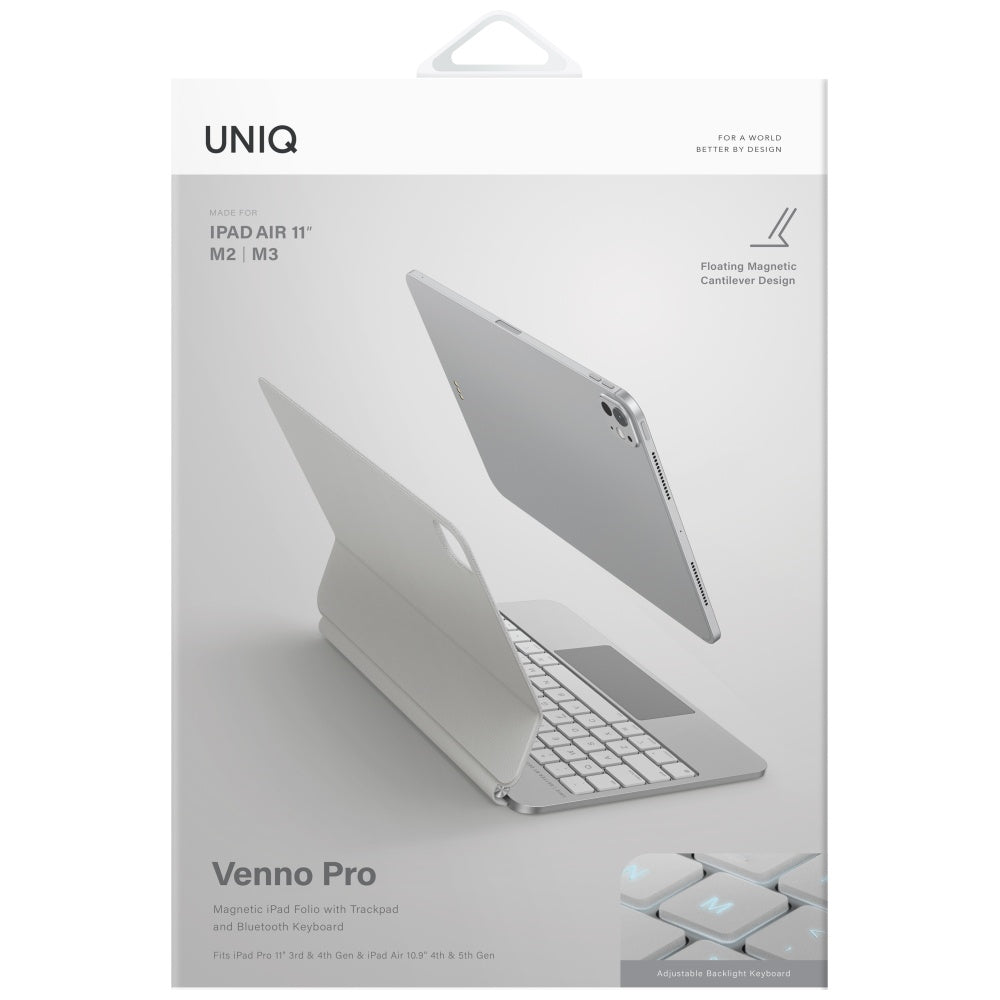 Uniq „Venno Pro“ magnetinis išmanusis dėklas su klaviatūra, skirtas iPad Air 10.9" (2020/2022) / Pro 11" (2021/2022) / Air 11" (2024/2025/2026) – White