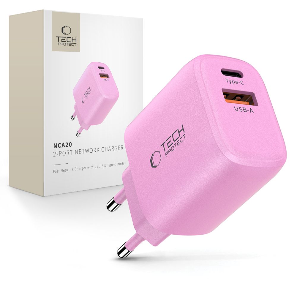 Tech-Protect NCA20 PD 20W QC3.0 USB-A / USB-C sieninis įkroviklis - rožinis -- Cell phone chargers
