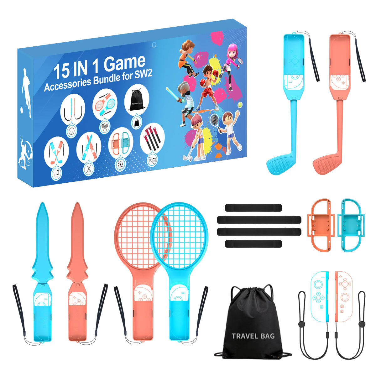 Nintendo Switch 15-in-1 Šeimos Priedų Paketas 2 - Oranžinis ir Mėlynas Rinkinys -- Nintendo Switch 2