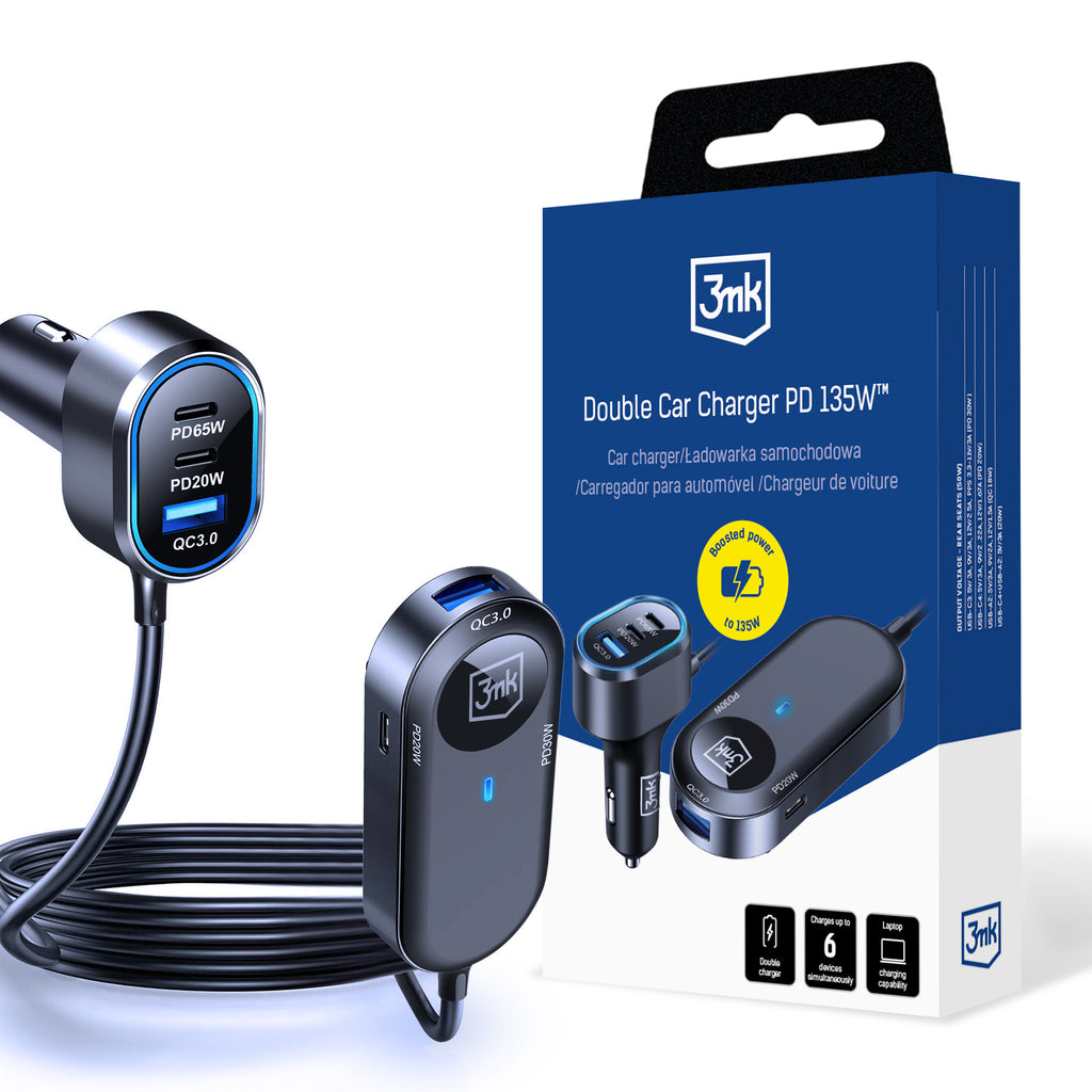 3mk dvigubas automobilinis įkroviklis 135W PD QC PPS USB-C USB-A – juodas