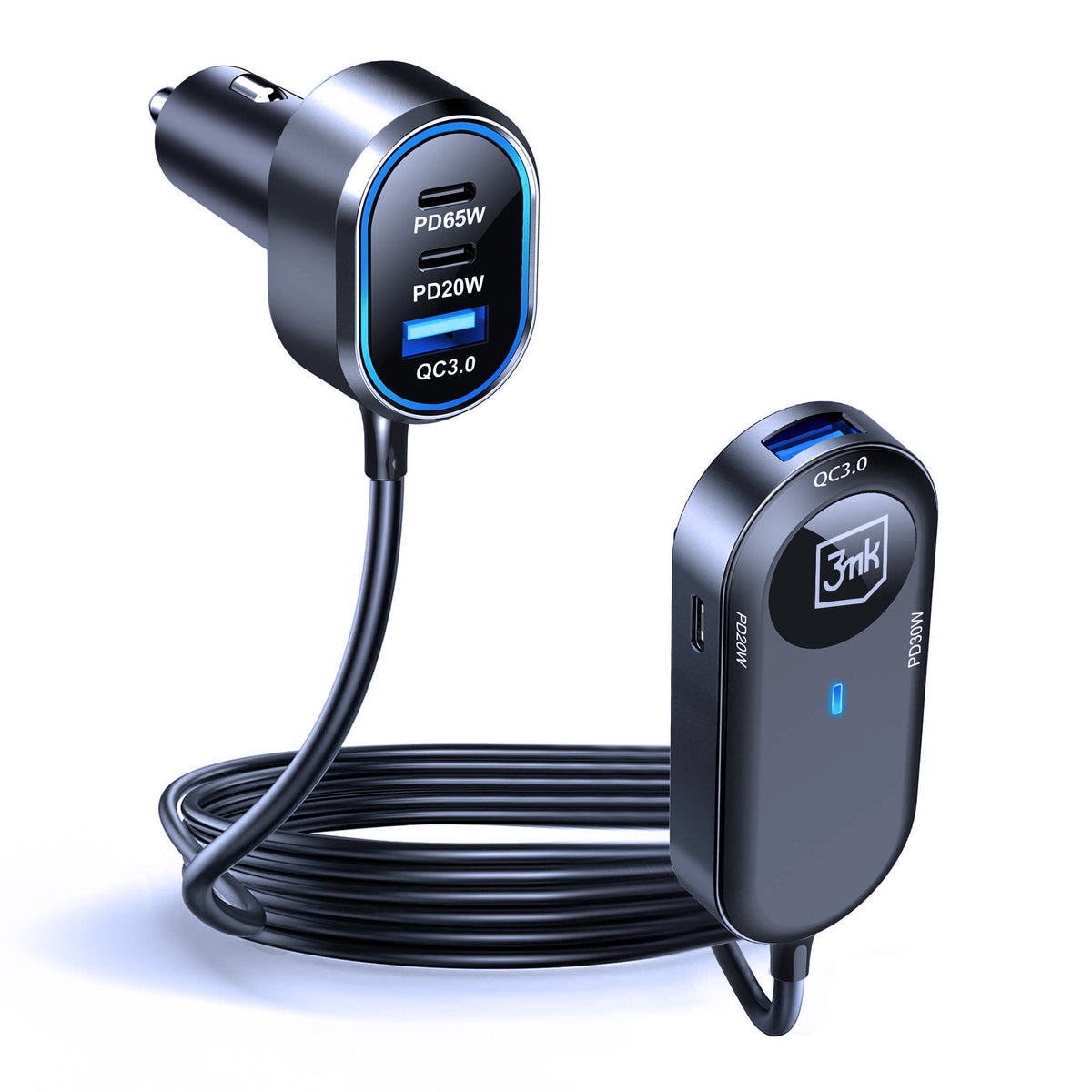 3mk dvigubas automobilinis įkroviklis 135W PD QC PPS USB-C USB-A – juodas
