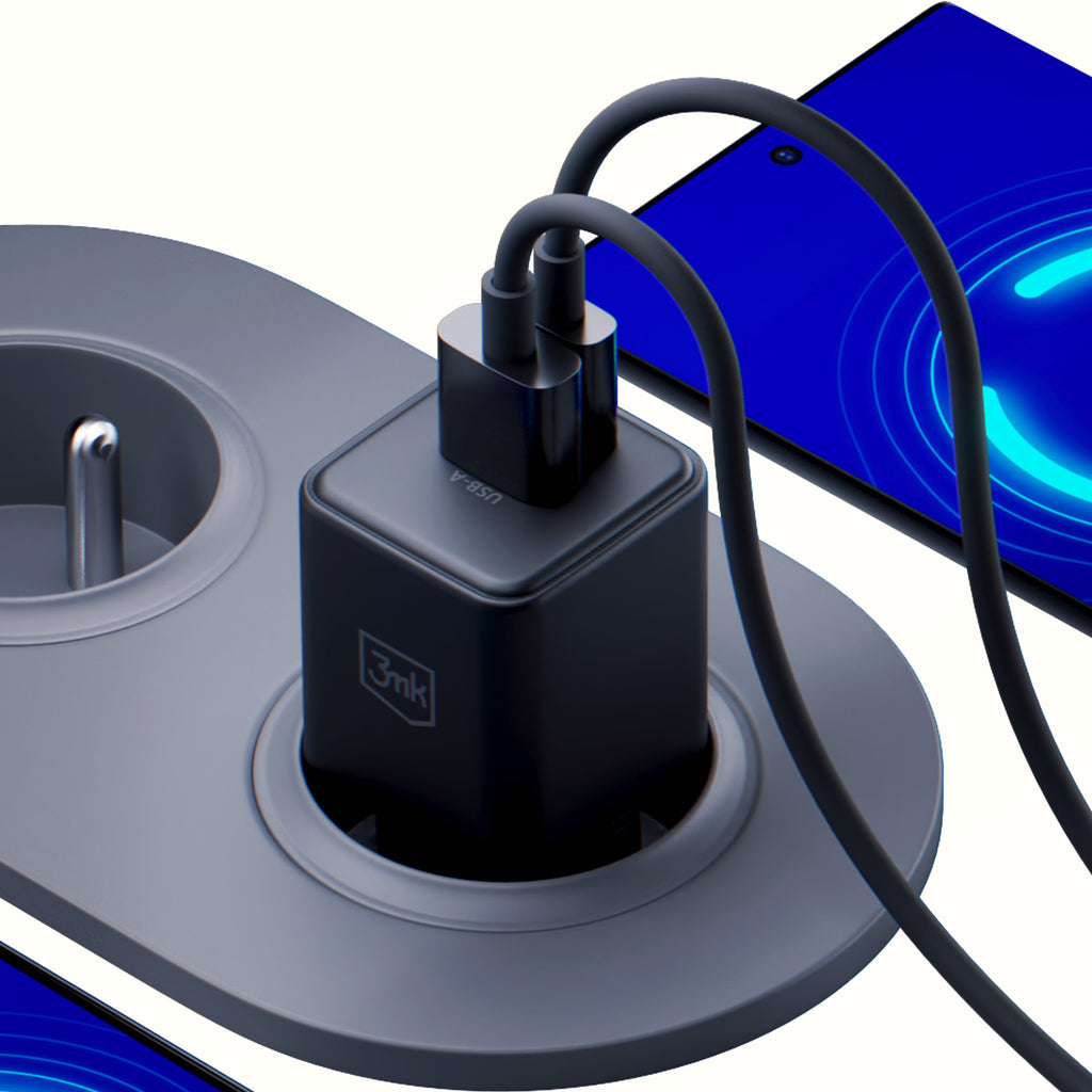 3mk Hyper GaN įkroviklis 20W QC4+ PD PPS USB-C USB-A sieninis įkroviklis – juodas