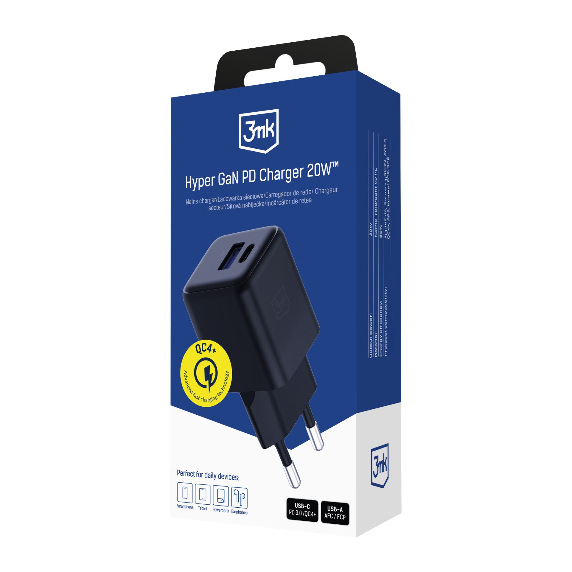 3mk Hyper GaN įkroviklis 20W QC4+ PD PPS USB-C USB-A sieninis įkroviklis – juodas