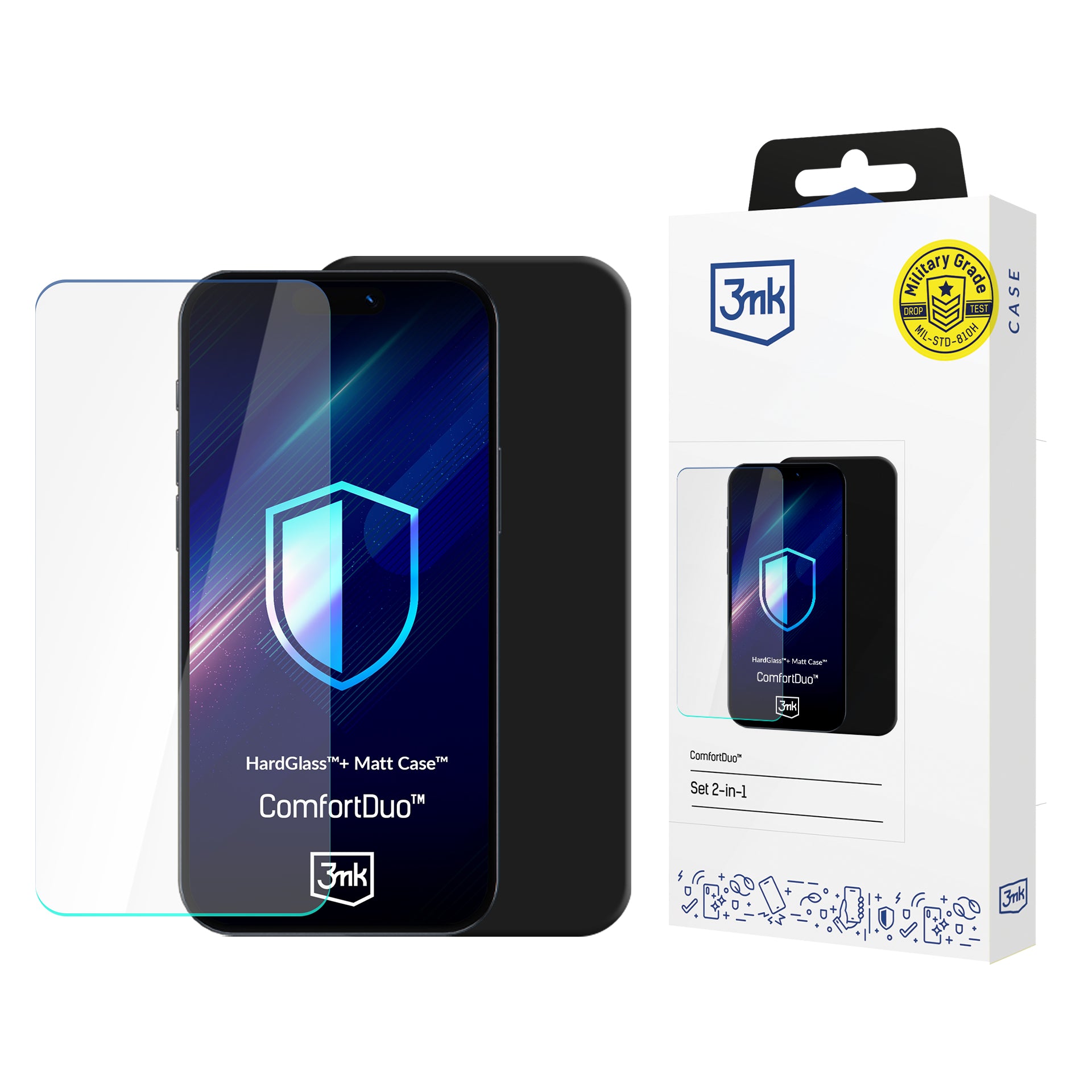 HardGlass™ grūdinto stiklo rinkinys su Matt Case™ 3mk ComfortDuo skirtai Samsung Galaxy A17 5G - Juoda -- Samsung Galaxy A17