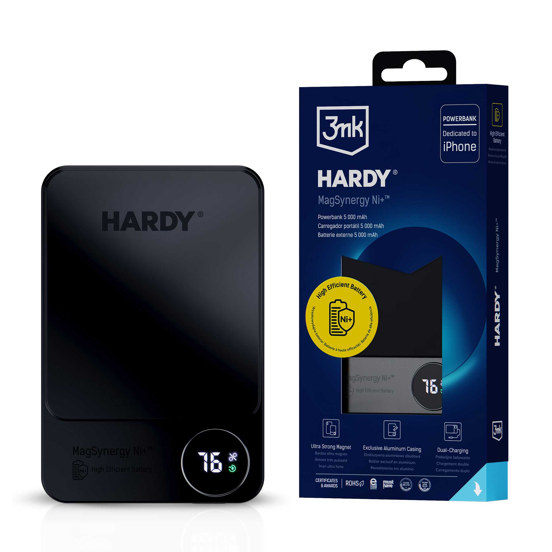 Power bank 3mk HARDY MagSynergy Ni+ 5 000mAh 22,5W USB 1C1L - juoda -- Powerbanks