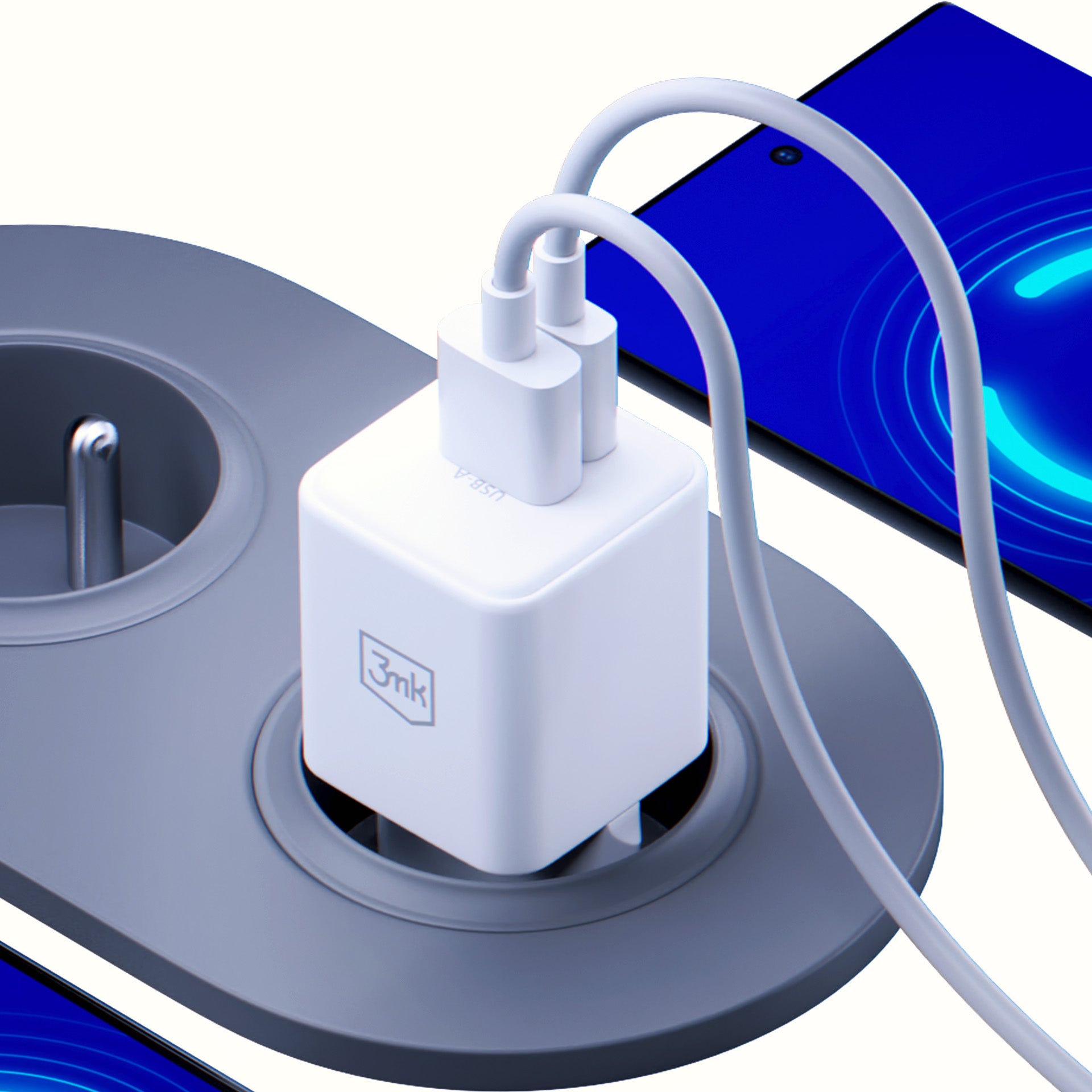 3mk Hyper GaN įkroviklis 20W QC4+ PD PPS USB-C USB-A sieninis įkroviklis – baltas