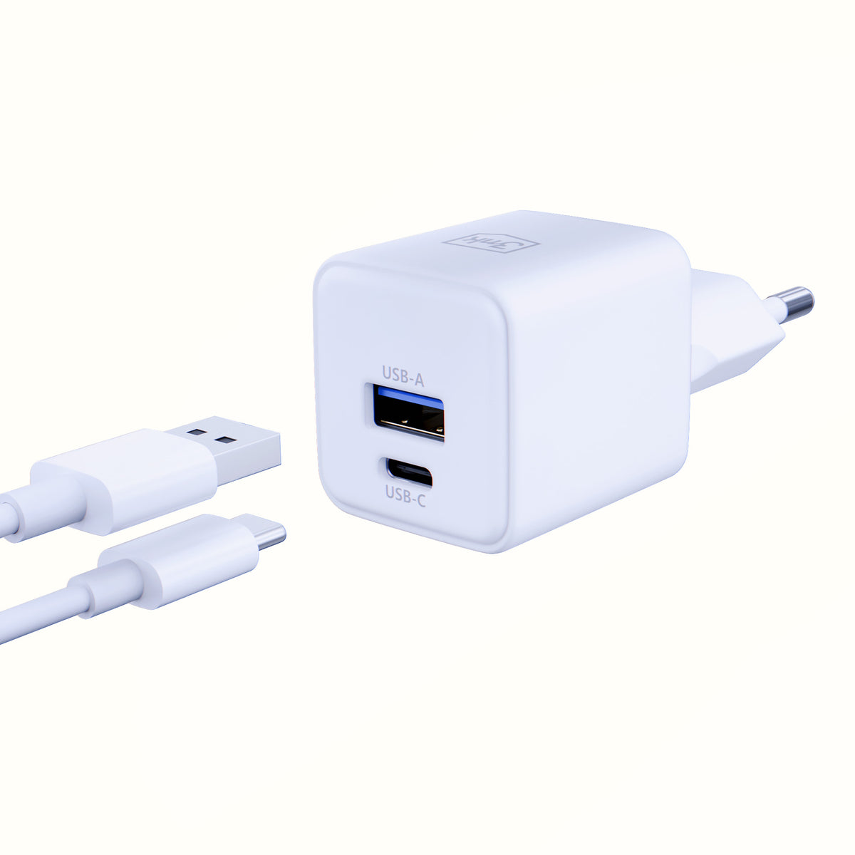 3mk Hyper GaN įkroviklis 20W QC4+ PD PPS USB-C USB-A sieninis įkroviklis – baltas