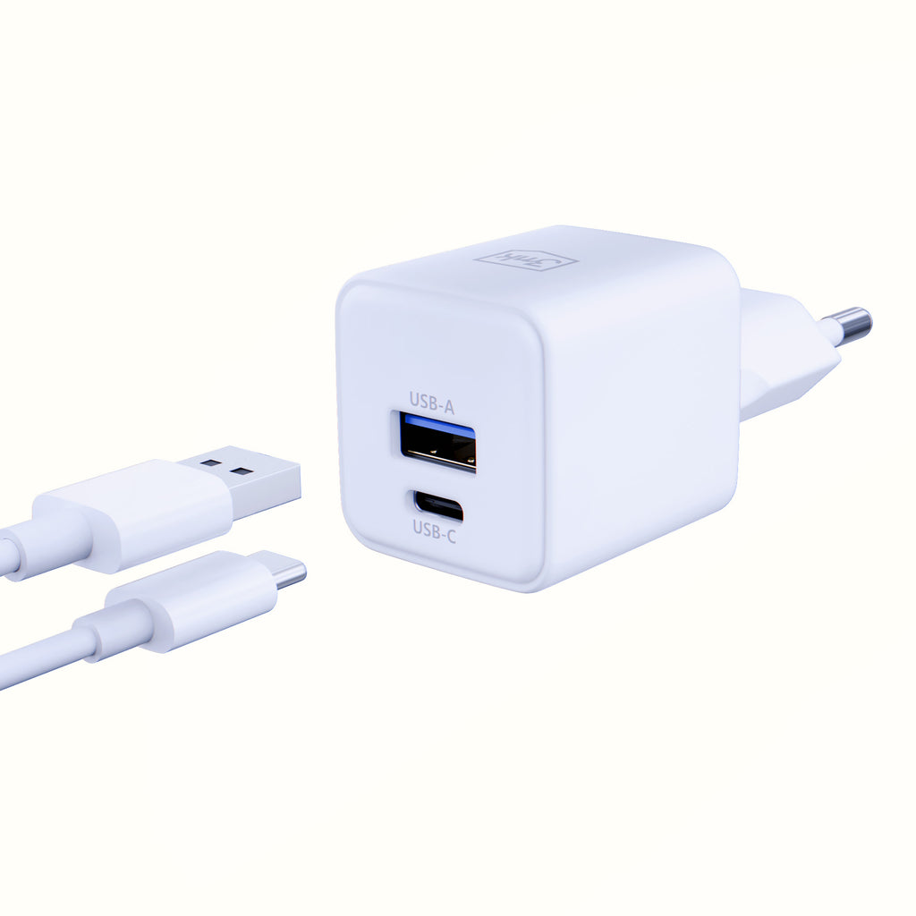 3mk Hyper GaN įkroviklis 20W QC4+ PD PPS USB-C USB-A sieninis įkroviklis – baltas
