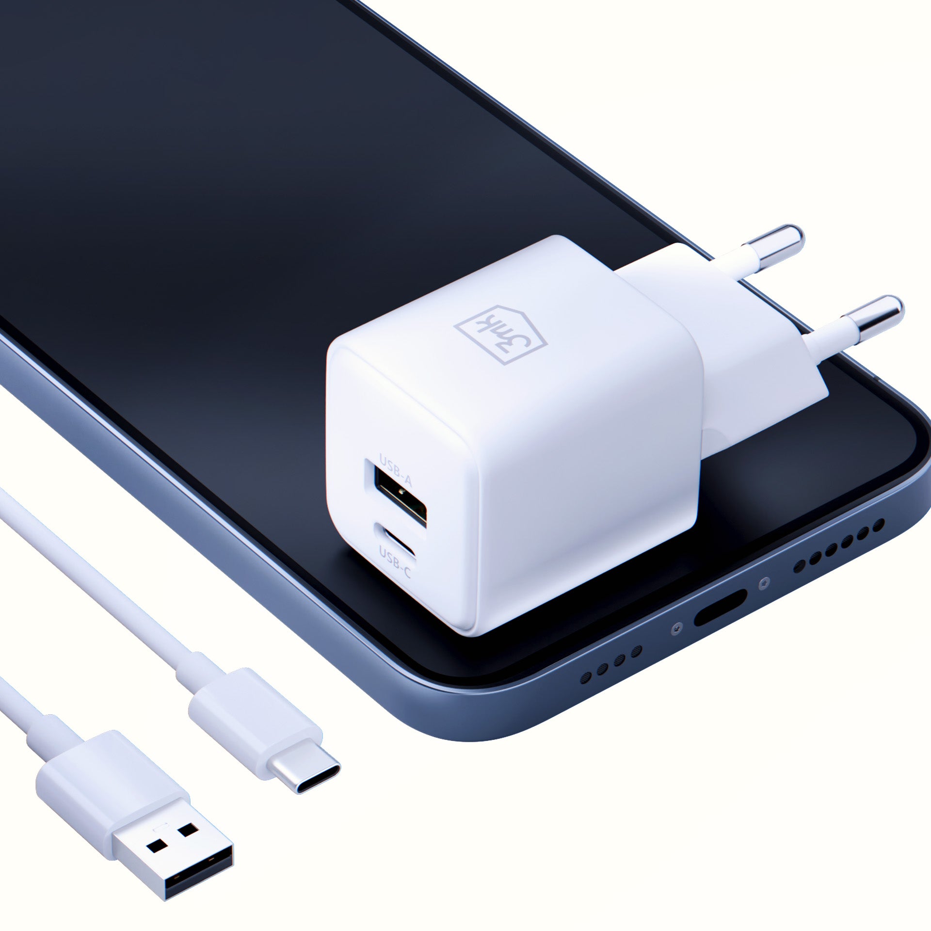 3mk Hyper GaN įkroviklis 20W QC4+ PD PPS USB-C USB-A sieninis įkroviklis – baltas