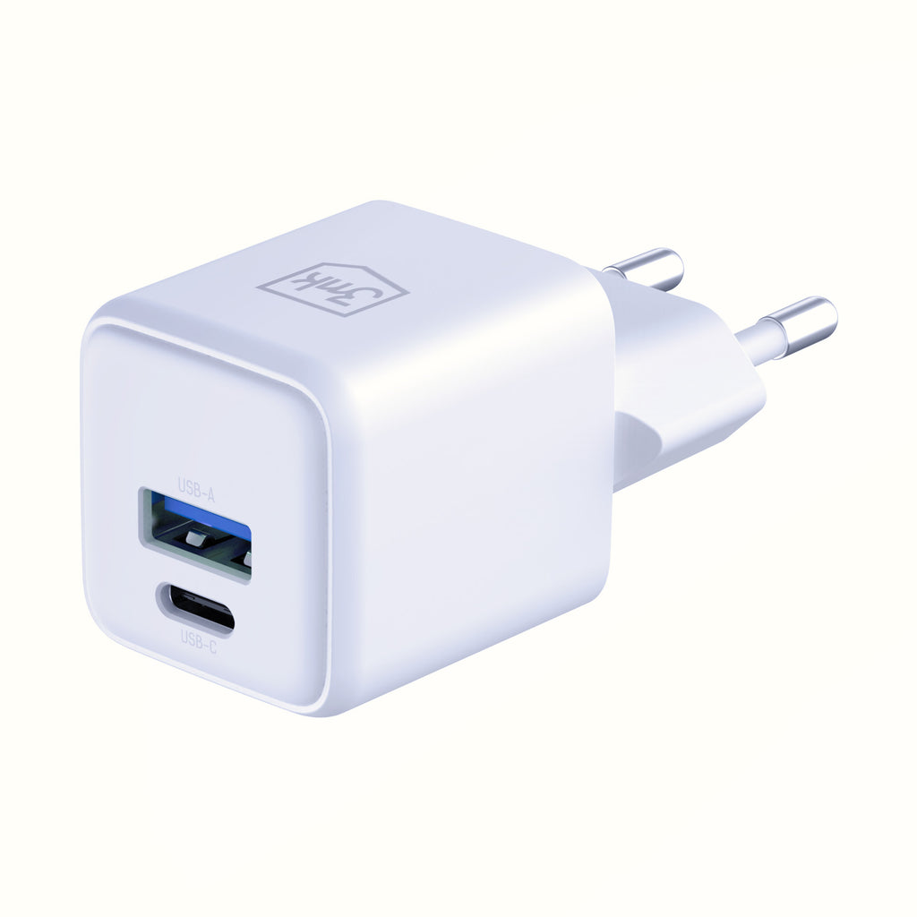 3mk Hyper GaN įkroviklis 20W QC4+ PD PPS USB-C USB-A sieninis įkroviklis – baltas