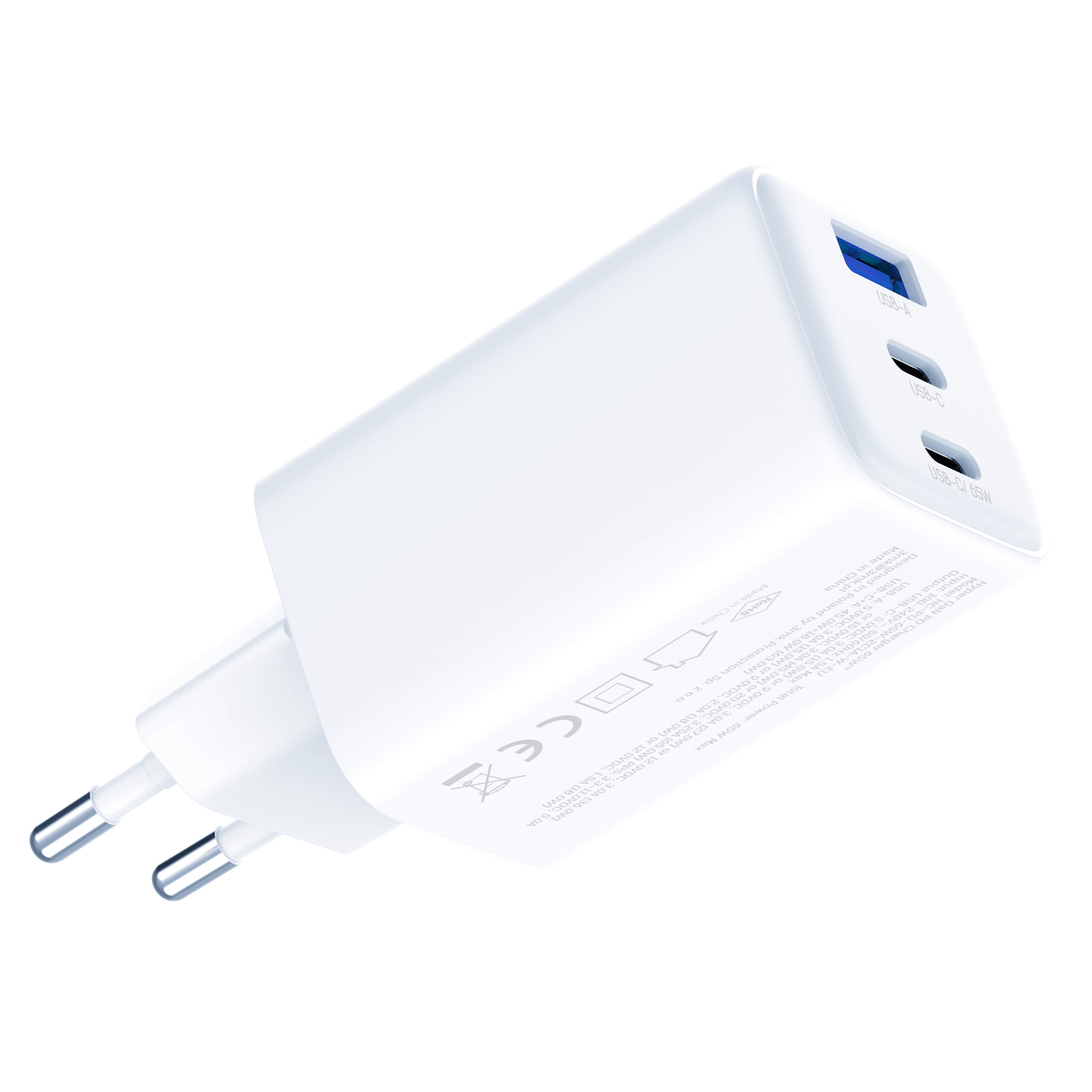 USB-C USB-A 3mk Hyper GaN PD įkroviklis 65W™ – baltas