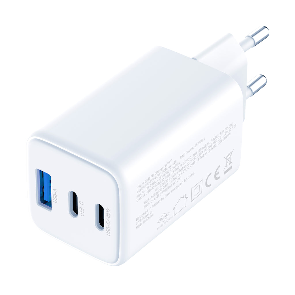 USB-C USB-A 3mk Hyper GaN PD įkroviklis 65W™ – baltas