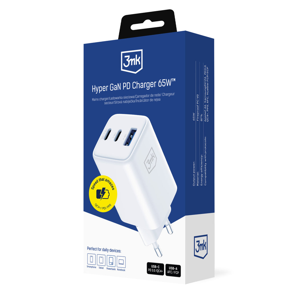 USB-C USB-A 3mk Hyper GaN PD įkroviklis 65W™ – baltas