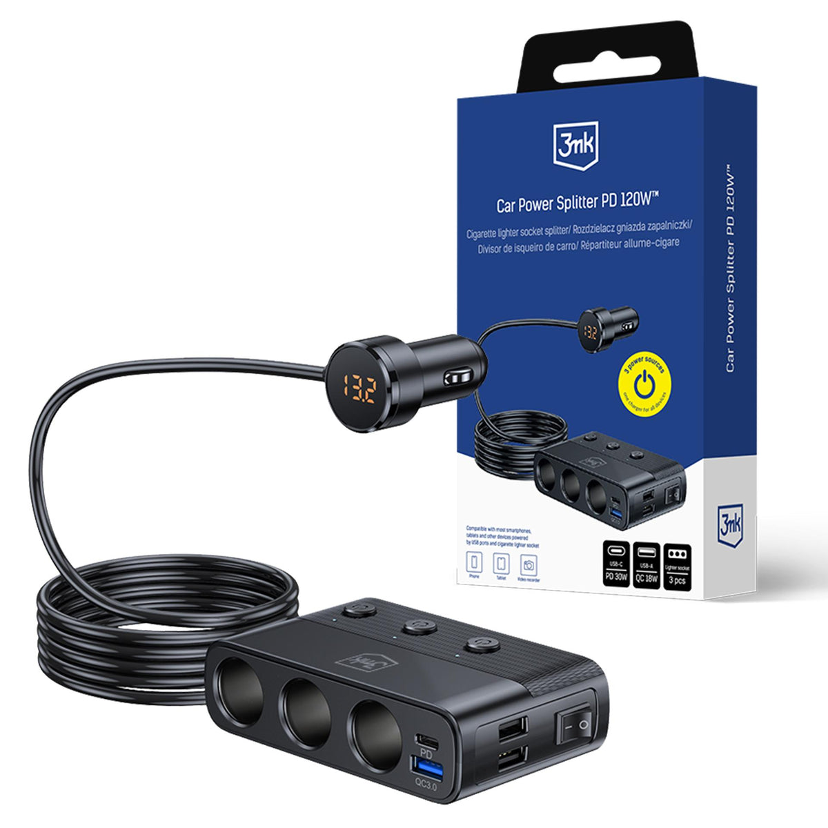 3mk automobilio maitinimo skirstytuvas PD 120W™ QC PPS UCB-C USB-A automobilinis įkroviklis 7 įrenginiams – juodas