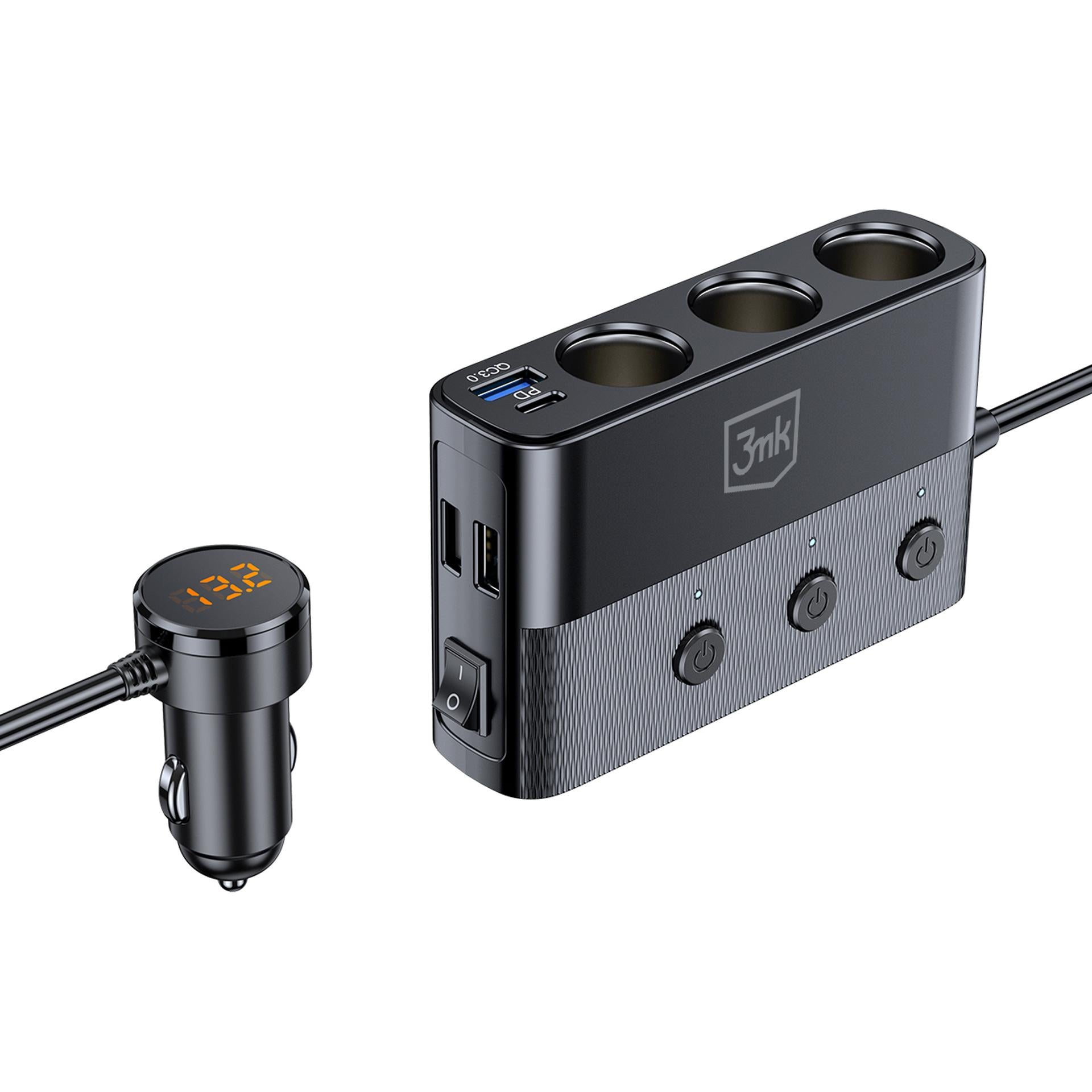 3mk automobilio maitinimo skirstytuvas PD 120W™ QC PPS UCB-C USB-A automobilinis įkroviklis 7 įrenginiams – juodas