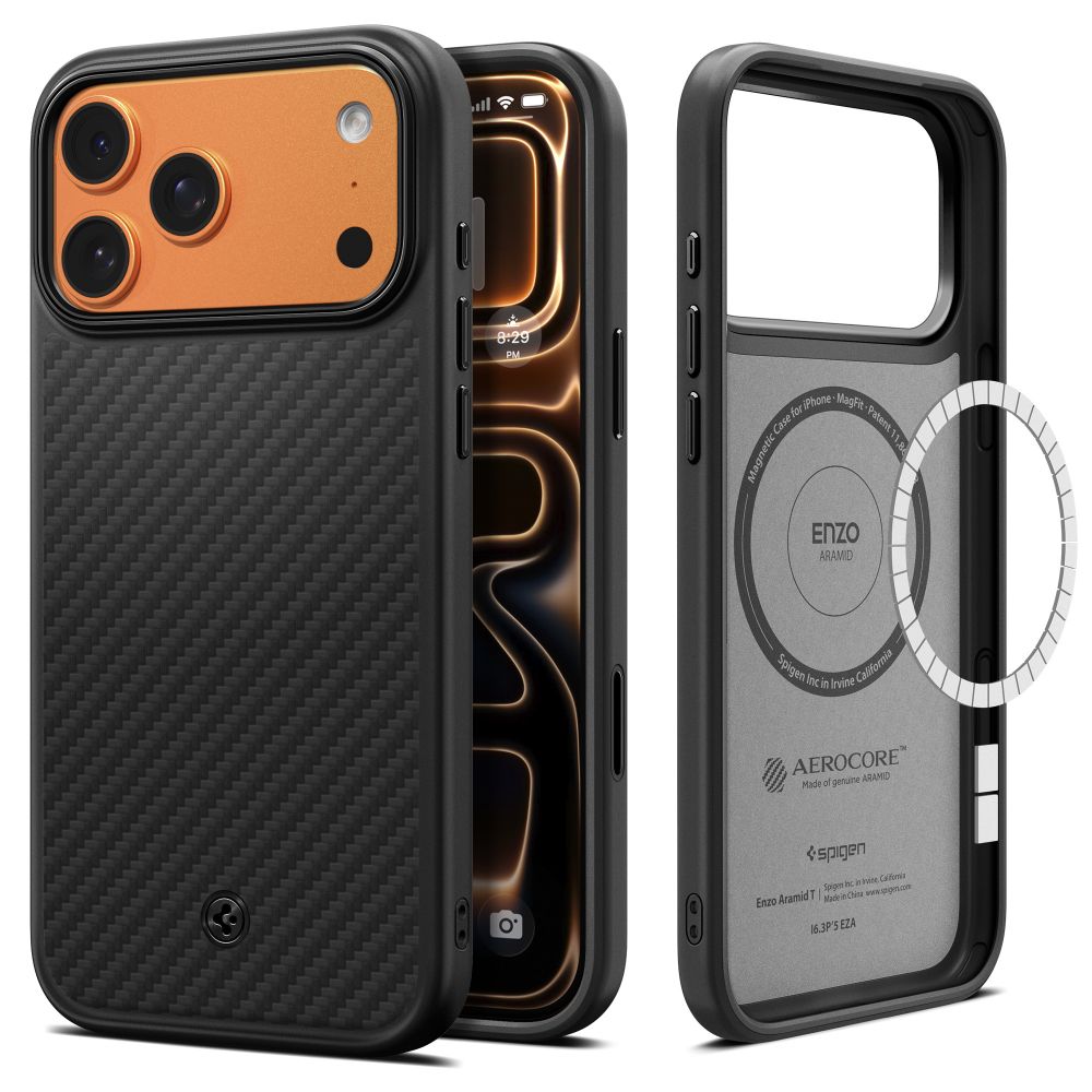 Spigen Enzo Aramid „T“ MagSafe dėklas iPhone 17 Pro Max – juodas