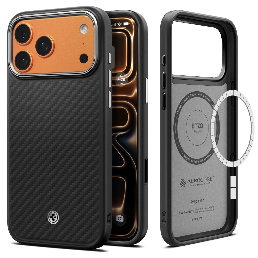 Spigen Enzo Aramid "T" MagSafe dėklas iPhone 17 Pro Max - juodas ir sidabrinis