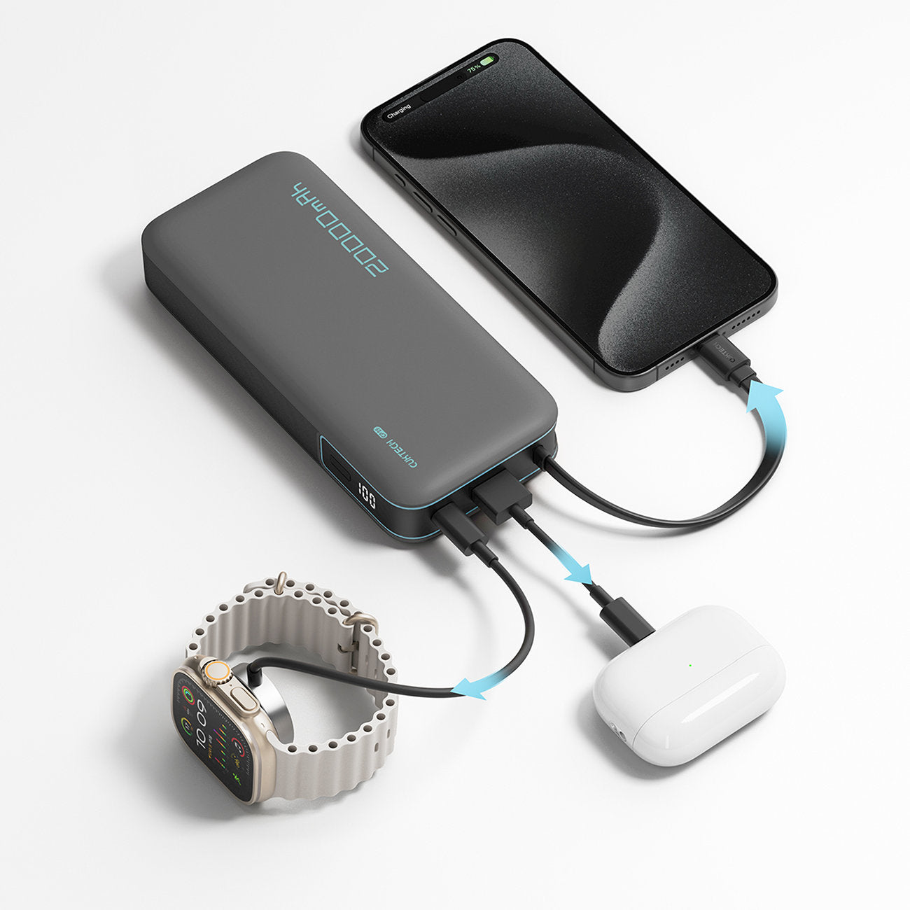 Cuktech išorinė baterija CUKP200NGLLG 55W 20000mAh su integruotu USB-C laidu - balta