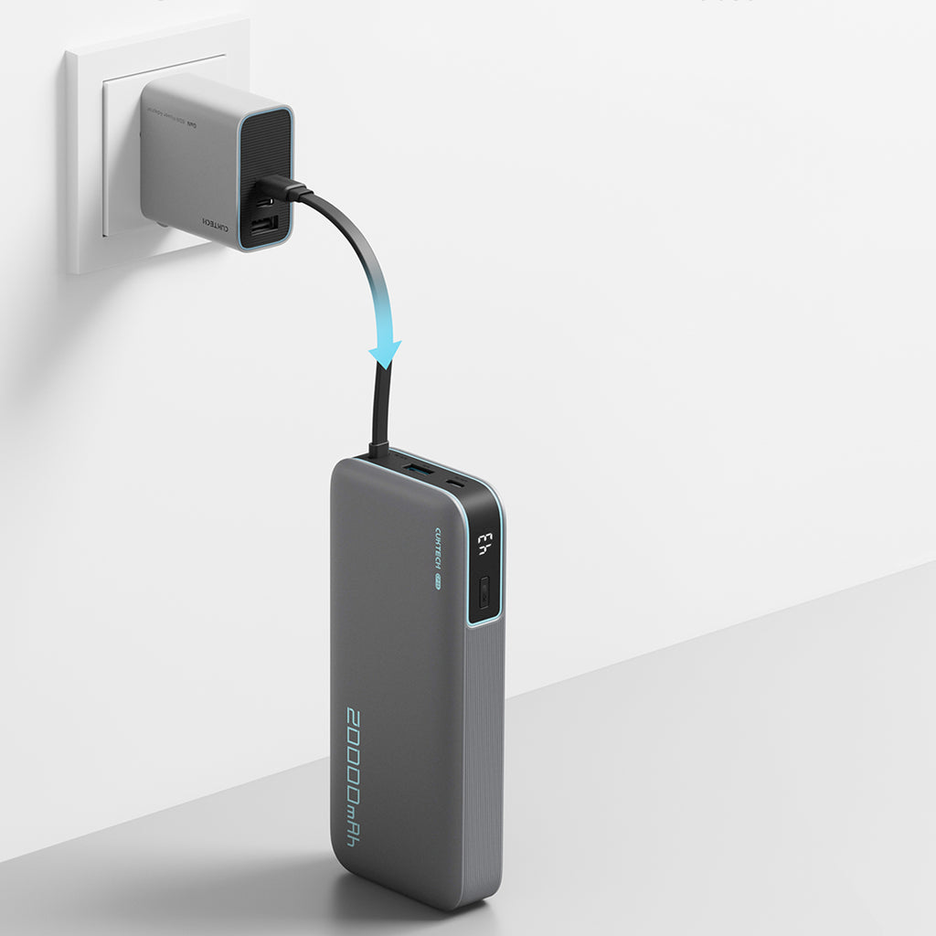 Cuktech išorinė baterija CUKP200NGLDG 55W 20000mAh su integruotu USB-C laidu - pilka