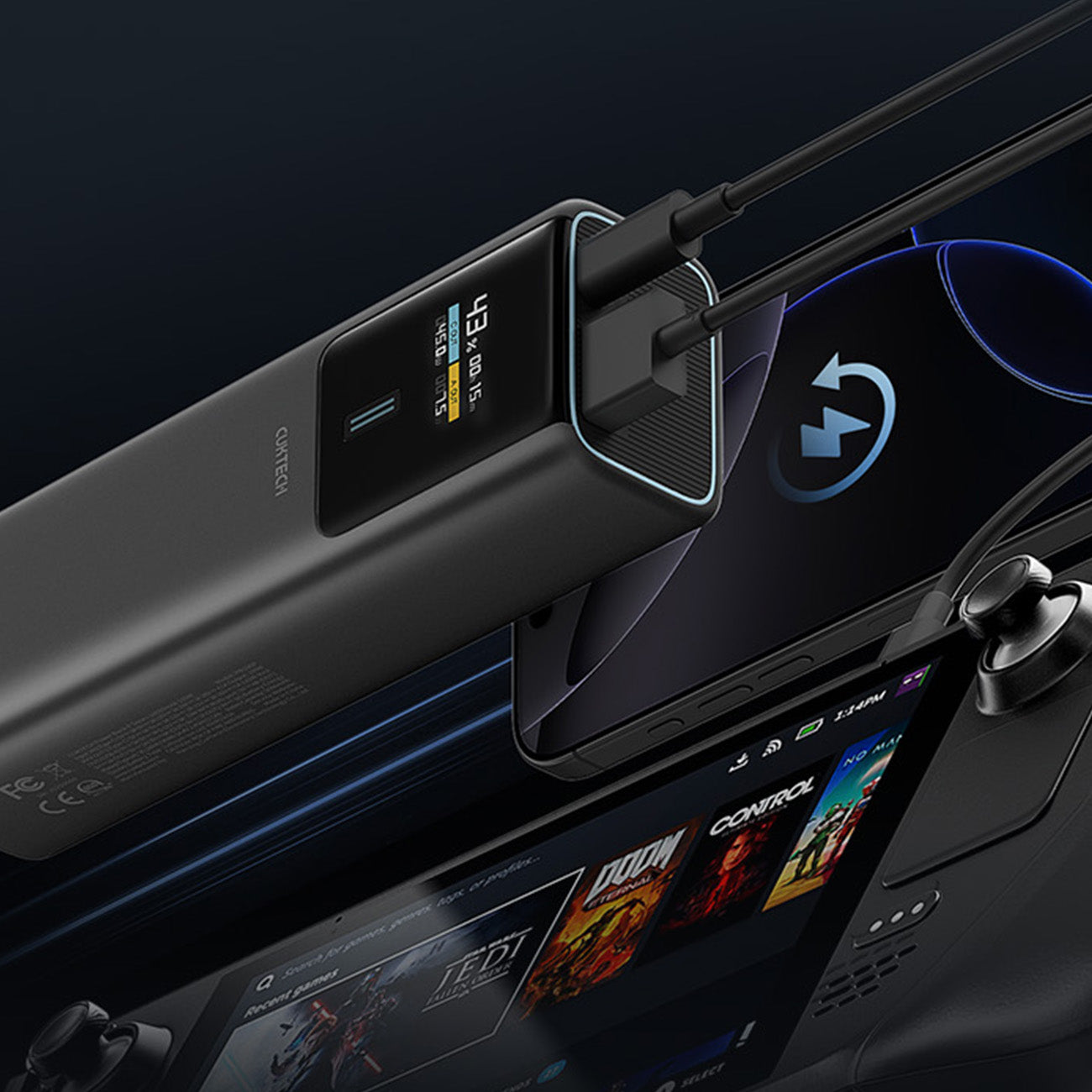 Cuktech išorinė baterija CKPB100PGLBL 150W 10000mAh USB-C USB-A - juoda