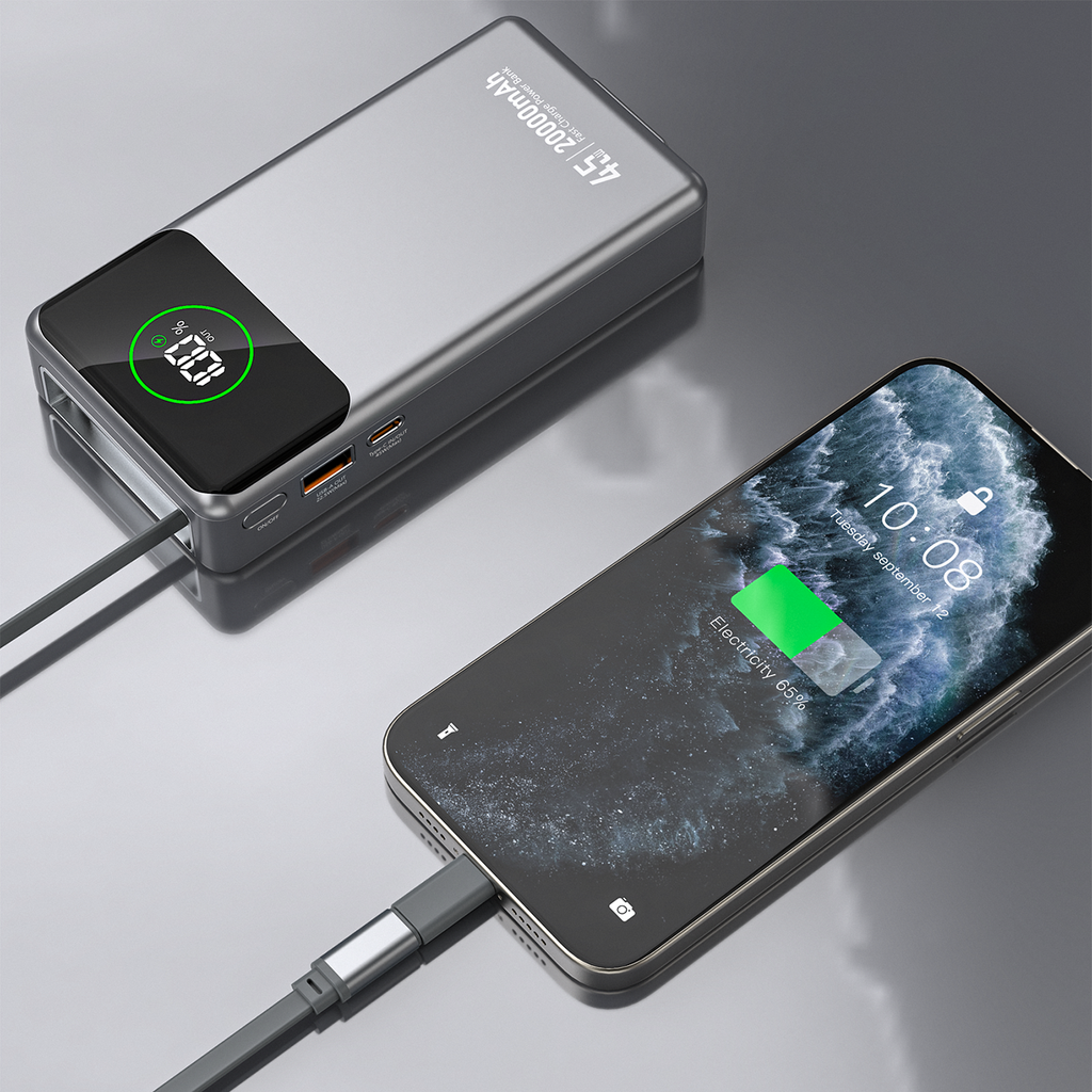 Dudao K31 Pro 45W 20000mAh išorinė baterija su integruotu ištraukiamu USB-C laidu - pilka