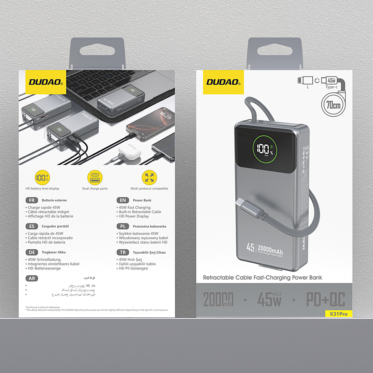 Dudao K31 Pro 45W 20000mAh išorinė baterija su integruotu ištraukiamu USB-C laidu - pilka