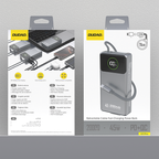 Dudao K31 Pro 45W 20000mAh išorinė baterija su integruotu ištraukiamu USB-C laidu - pilka