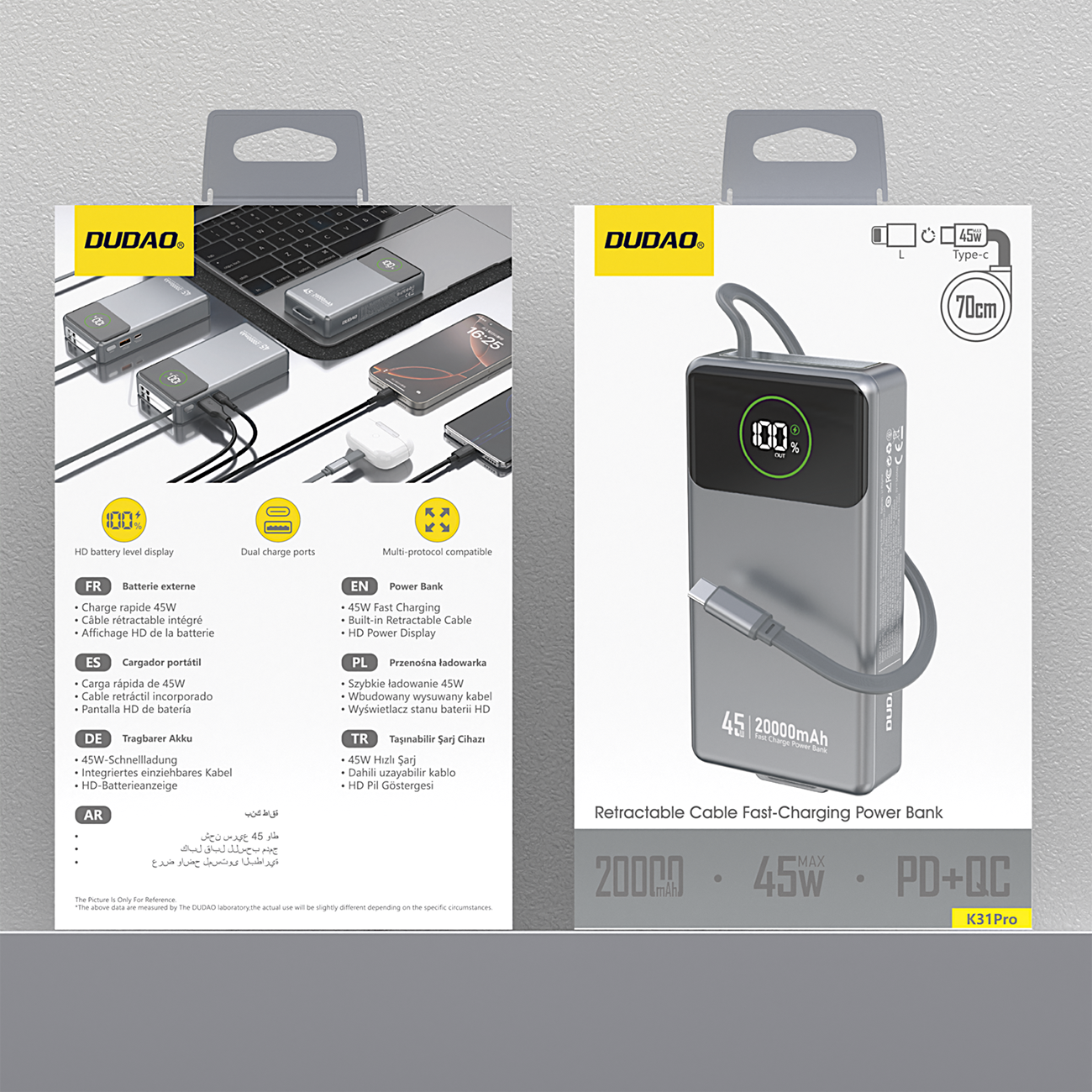 Dudao K31 Pro 45W 20000mAh išorinė baterija su integruotu ištraukiamu USB-C laidu - pilka
