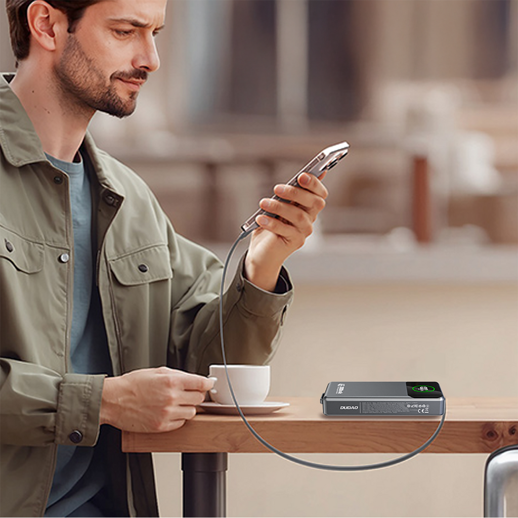 Dudao K31 Pro 45W 20000mAh išorinė baterija su integruotu ištraukiamu USB-C laidu - pilka