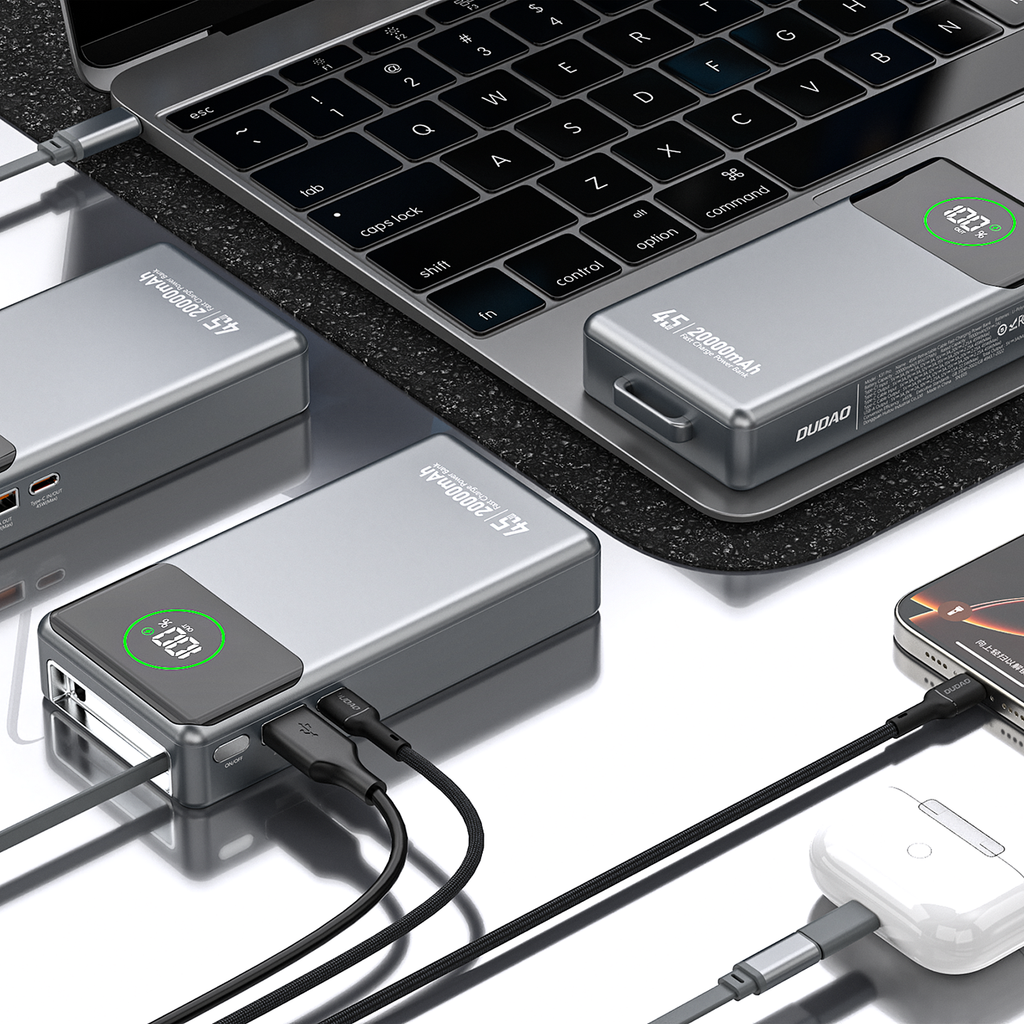Dudao K31 Pro 45W 20000mAh išorinė baterija su integruotu ištraukiamu USB-C laidu - pilka