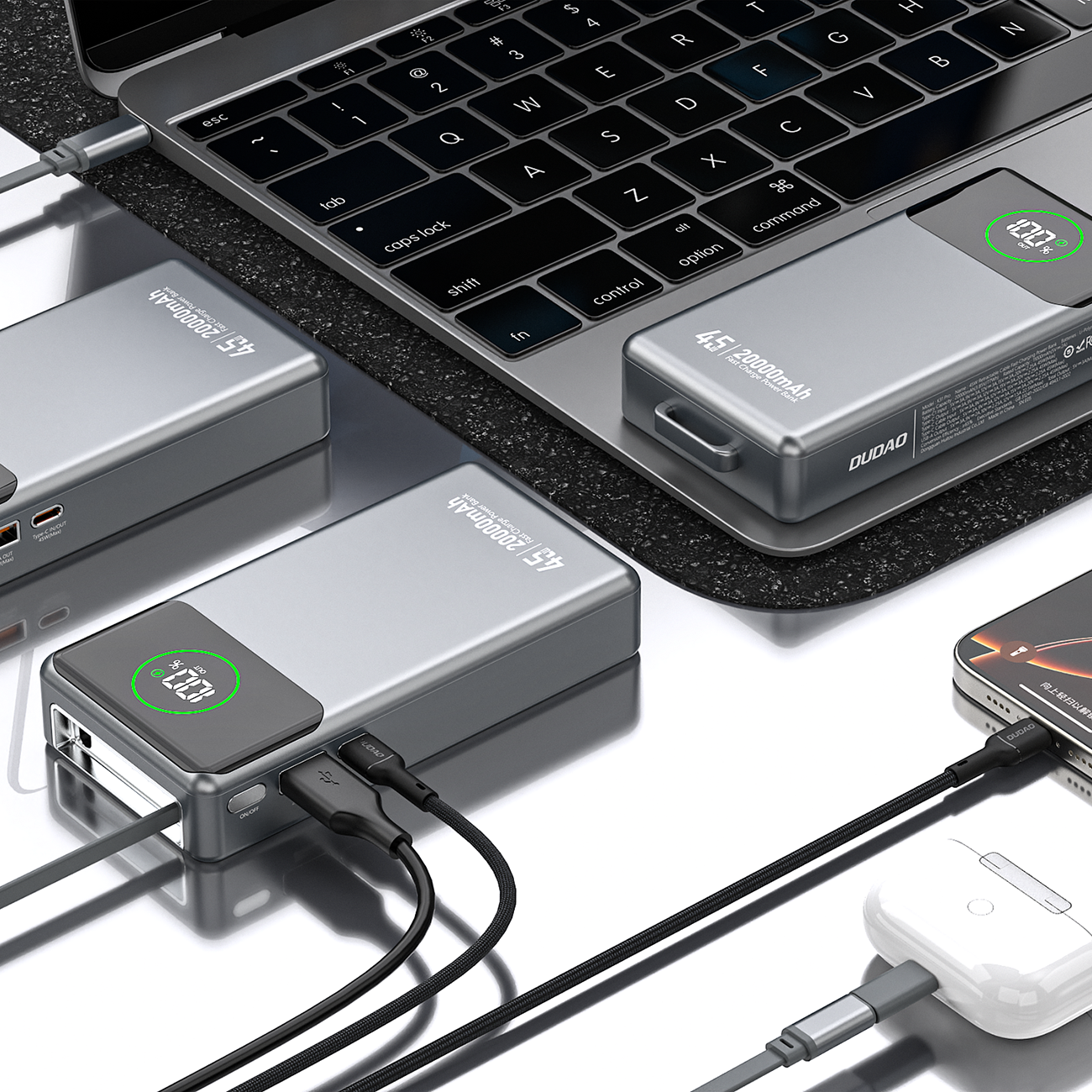 Dudao K31 Pro 45W 20000mAh išorinė baterija su integruotu ištraukiamu USB-C laidu - pilka