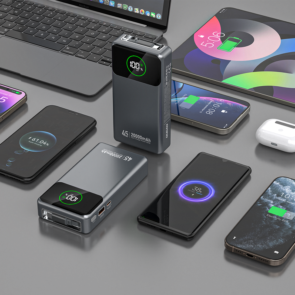 Dudao K31 Pro 45W 20000mAh išorinė baterija su integruotu ištraukiamu USB-C laidu - pilka