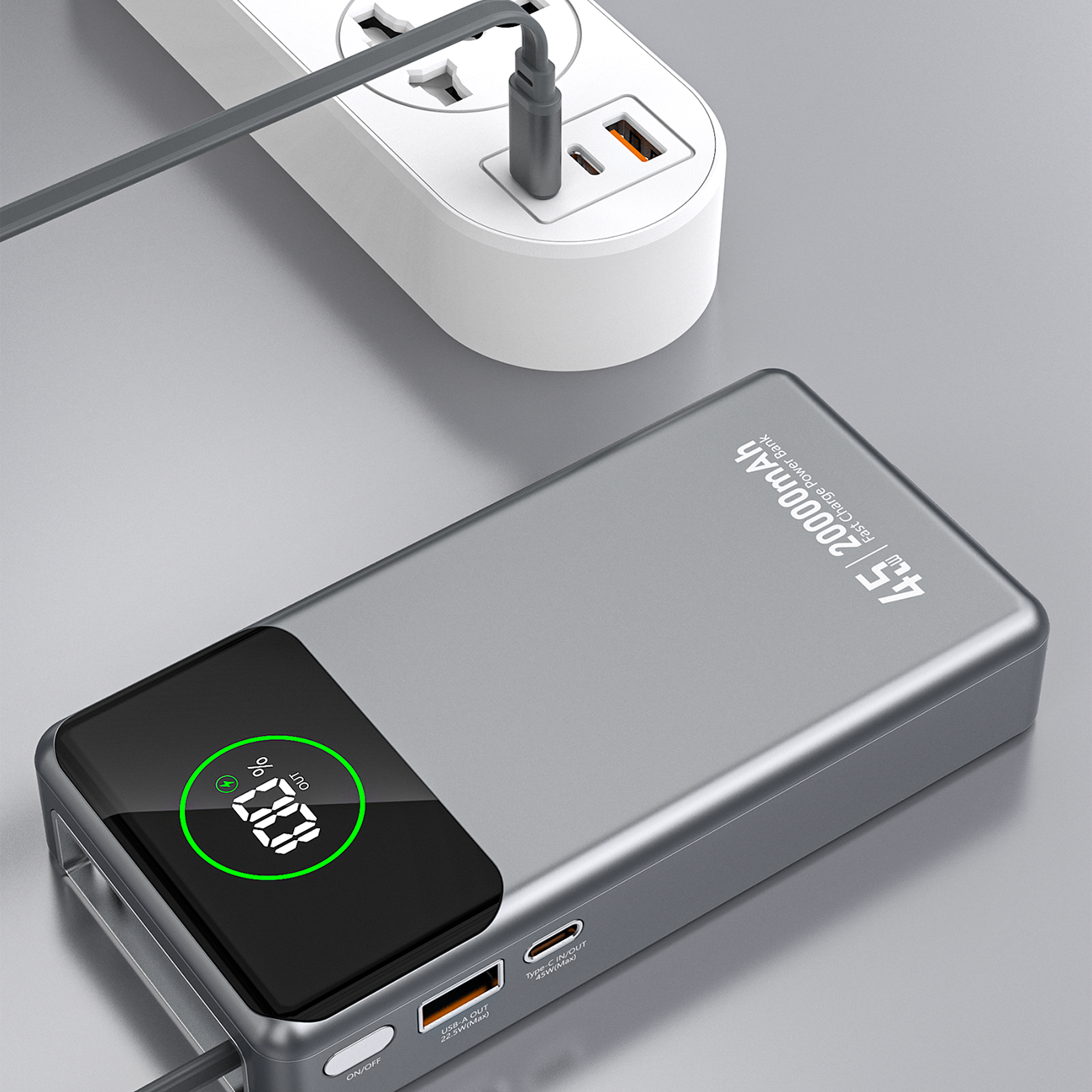 Dudao K31 Pro 45W 20000mAh išorinė baterija su integruotu ištraukiamu USB-C laidu - pilka