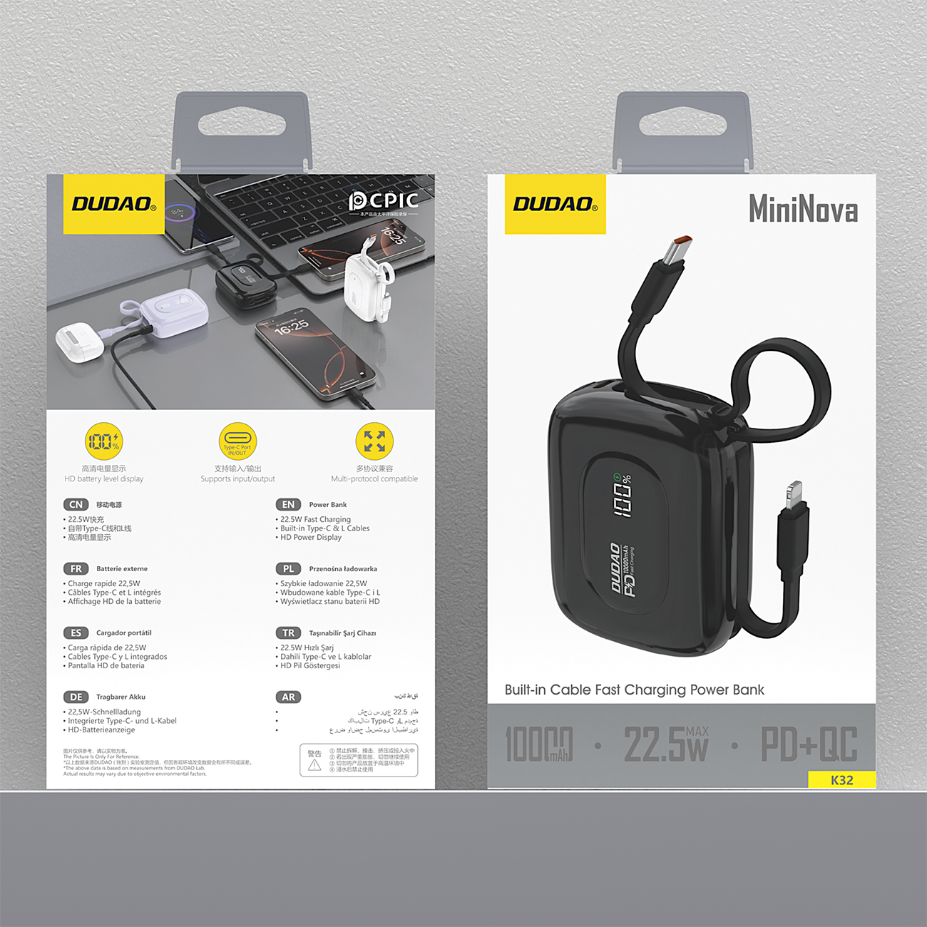 Dudao K32 išorinė baterija 22.5W 10000 mAh su integruotu USB-C/Lightning laidu - juoda -- Powerbanks