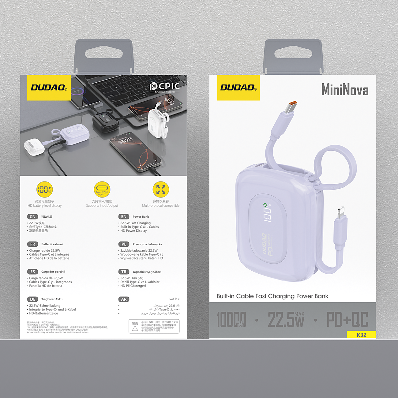 Dudao K32 išorinė baterija 22.5W 10000 mAh su integruotu USB-C/Lightning laidu - violetinė -- Powerbanks