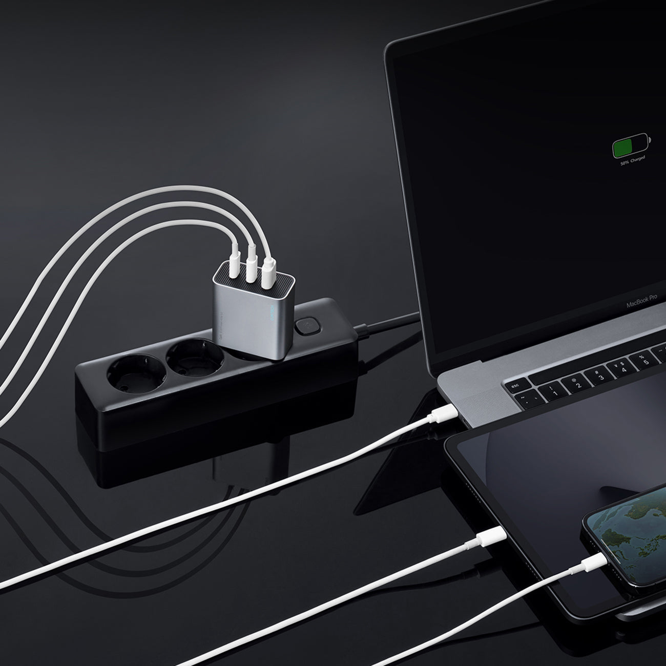 Cuktech 65W GaN 2xUSB-C 1xUSB-A sieninis įkroviklis - pilkas -- Cell phone chargers