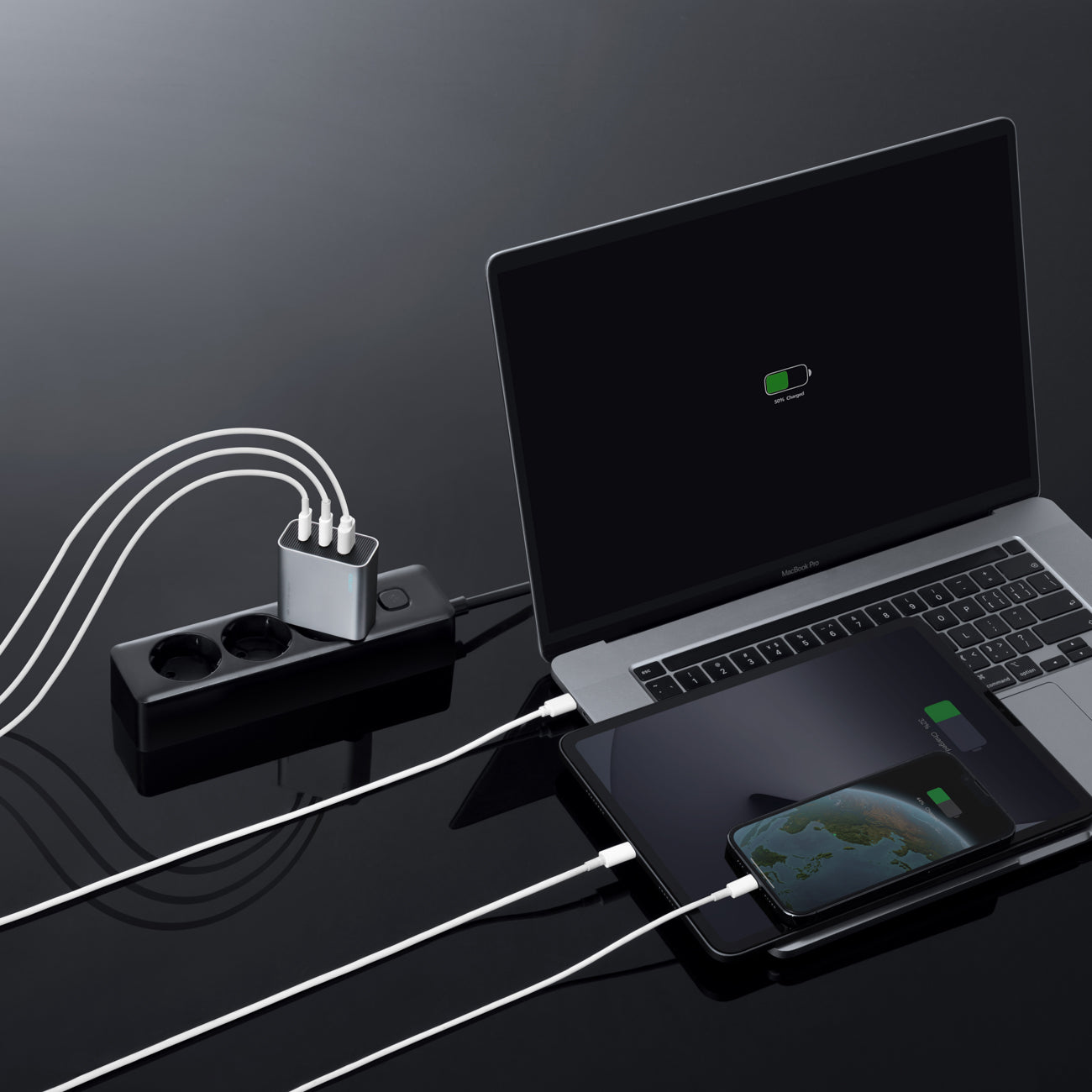 Cuktech 65W GaN 2xUSB-C 1xUSB-A sieninis įkroviklis - pilkas -- Cell phone chargers