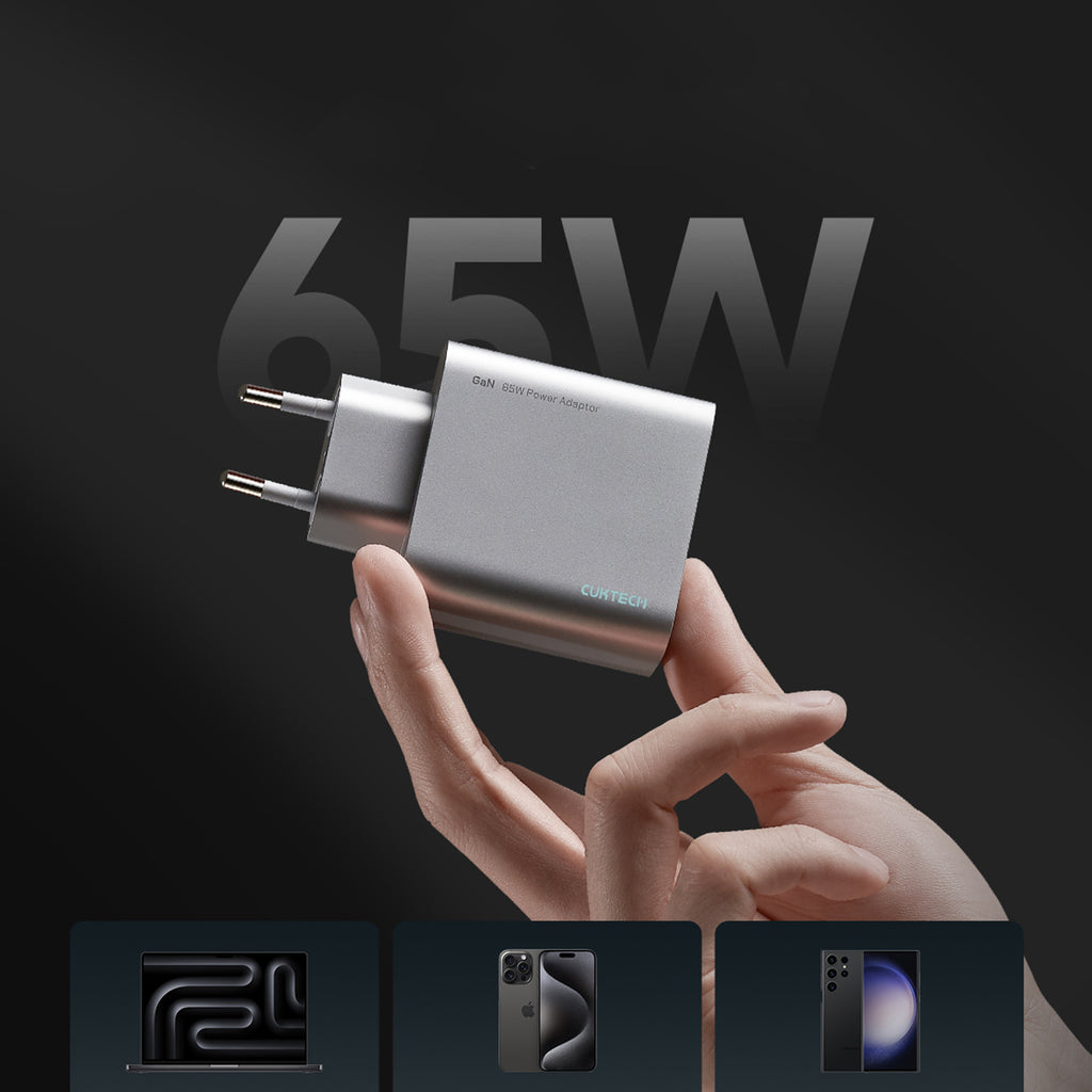 Cuktech 65W GaN 2xUSB-C 1xUSB-A sieninis įkroviklis - pilkas -- Cell phone chargers