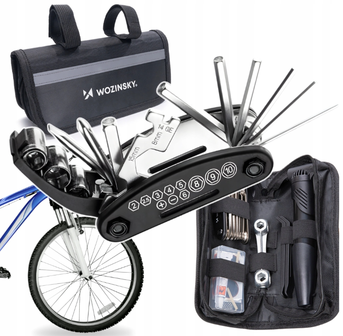 Wozinsky WMZ-01N įrankių komplektas, 16 į 1 dviračio multitool, pompa, raktai, vidinės padangos komplektas - juodas --...