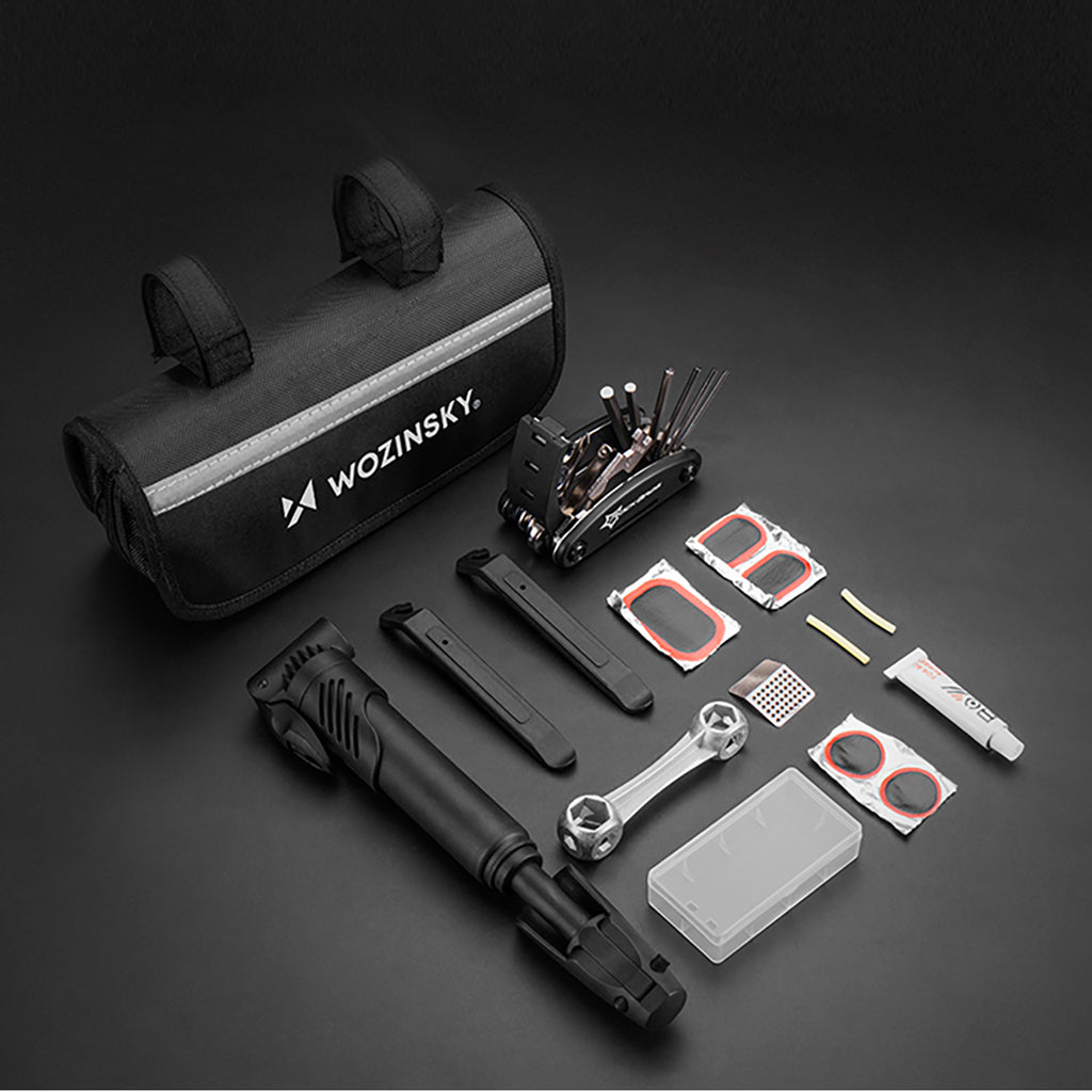 Wozinsky WMZ-01N įrankių komplektas, 16 į 1 dviračio multitool, pompa, raktai, vidinės padangos komplektas - juodas --...