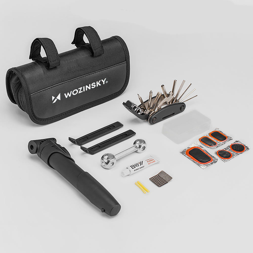 Wozinsky WMZ-01N įrankių komplektas, 16 į 1 dviračio multitool, pompa, raktai, vidinės padangos komplektas - juodas --...