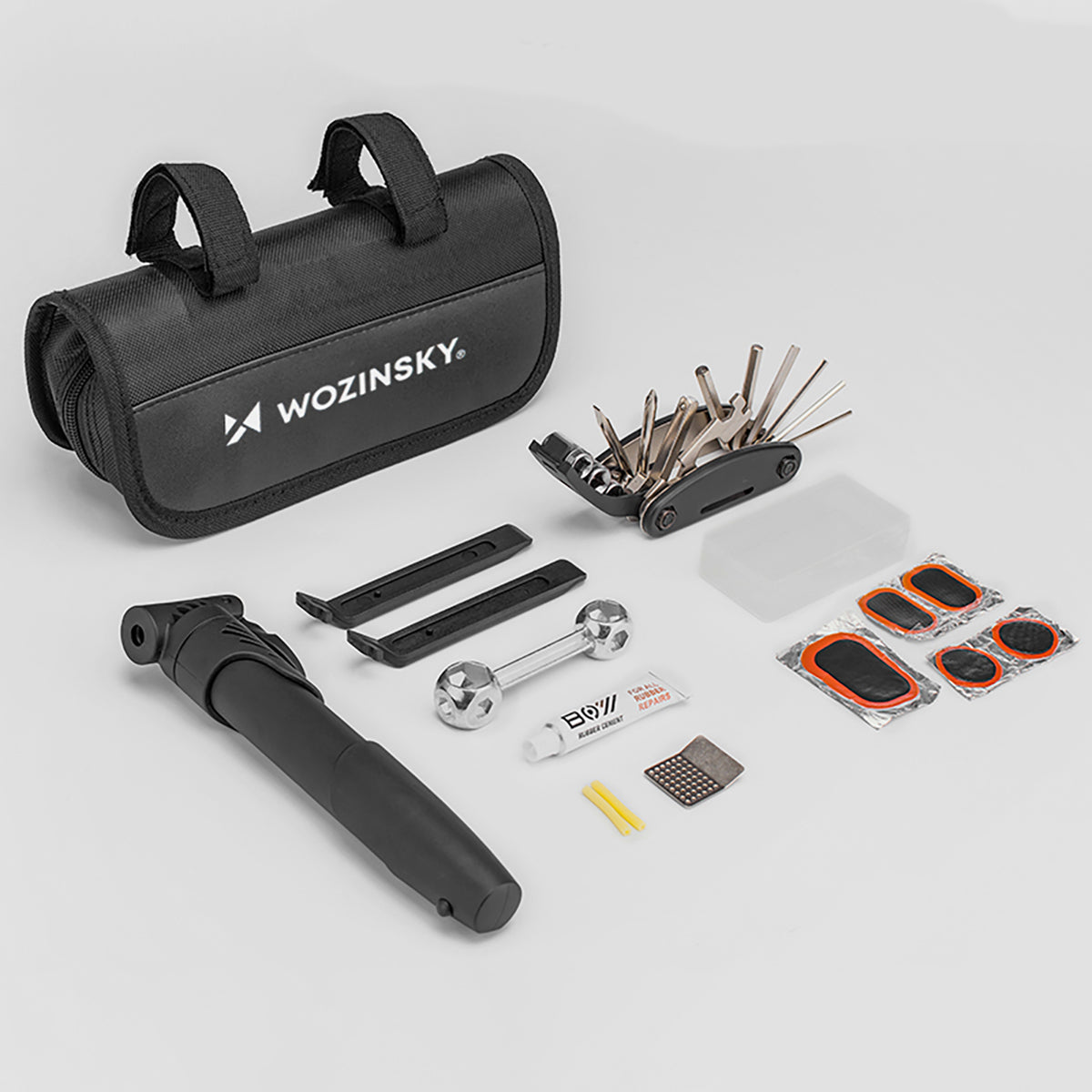 Wozinsky WMZ-01N įrankių komplektas, 16 į 1 dviračio multitool, pompa, raktai, vidinės padangos komplektas - juodas --...