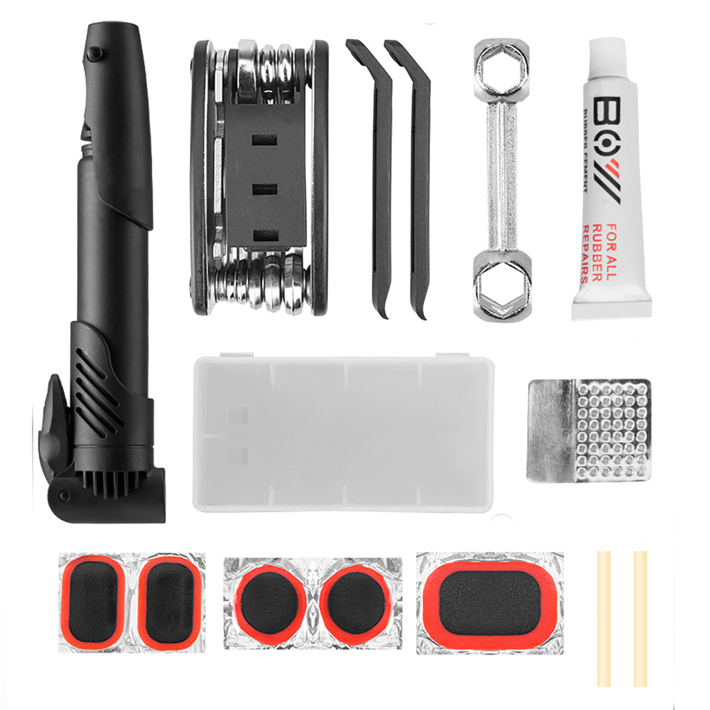 Wozinsky WMZ-01N įrankių komplektas, 16 į 1 dviračio multitool, pompa, raktai, vidinės padangos komplektas - juodas --...