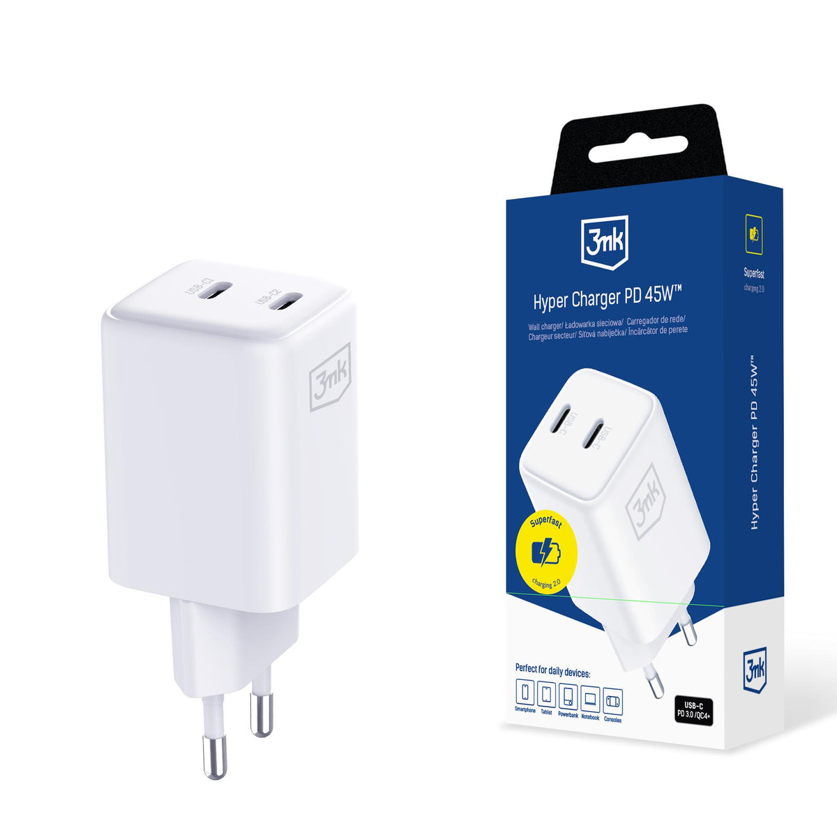 3mk Hyper Charger PD 45W QC4+ PPS 2C Super-Fast Charge 2.0 sieninis įkroviklis - baltas -- Cell phone chargers