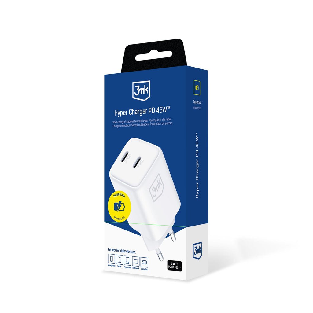 3mk Hyper Charger PD 45W QC4+ PPS 2C Super-Fast Charge 2.0 sieninis įkroviklis - baltas -- Cell phone chargers