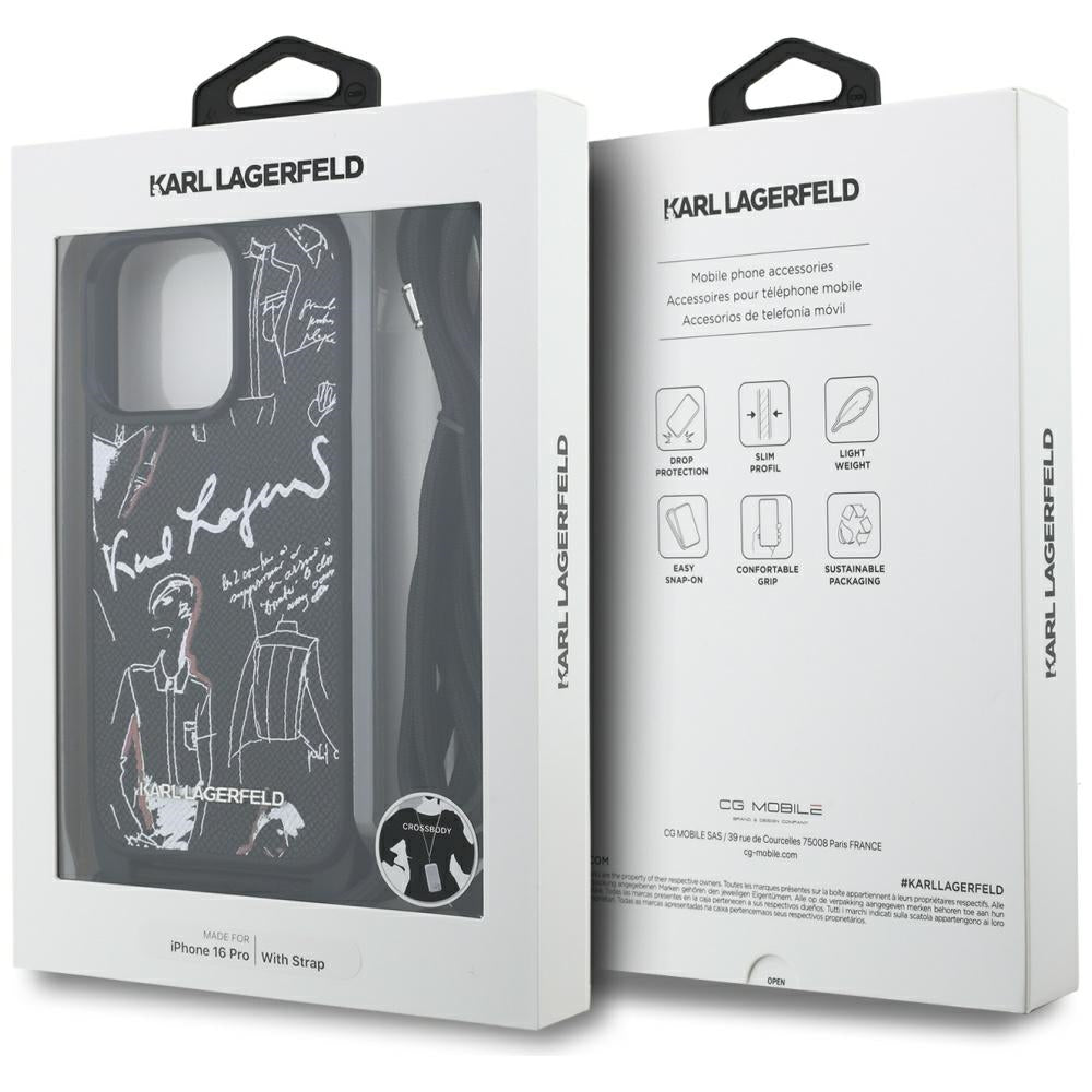 Karl Lagerfeld dėklas iPhone 16 Pro – juodas, su dirželiu